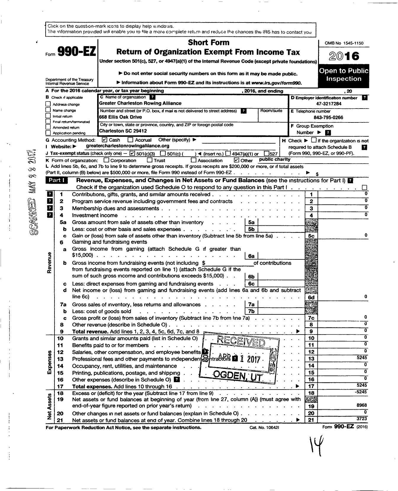 Image of first page of 2016 Form 990EZ for Greater Charleston Rowing Alliance