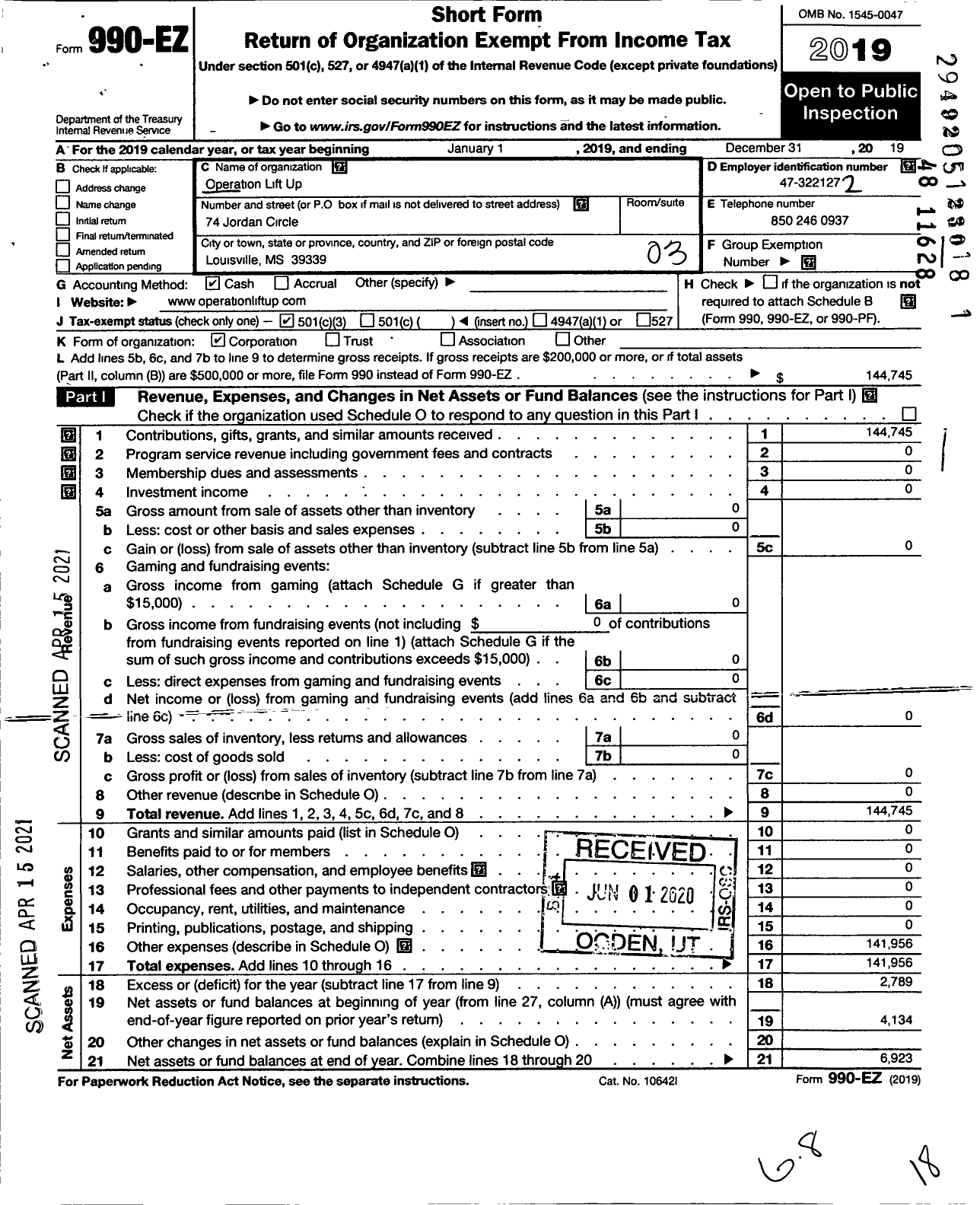 Image of first page of 2019 Form 990EZ for Operation Lift Up