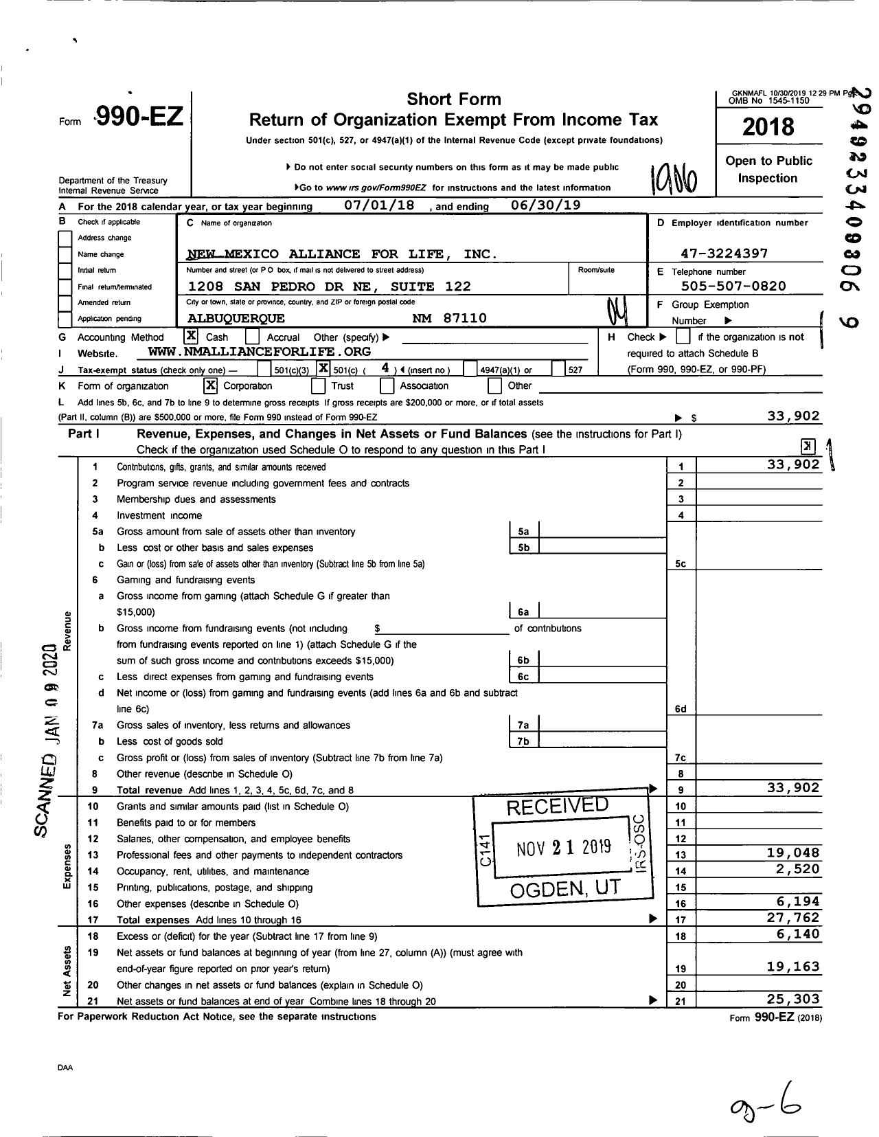 Image of first page of 2018 Form 990EO for New Mexico Alliance for Life