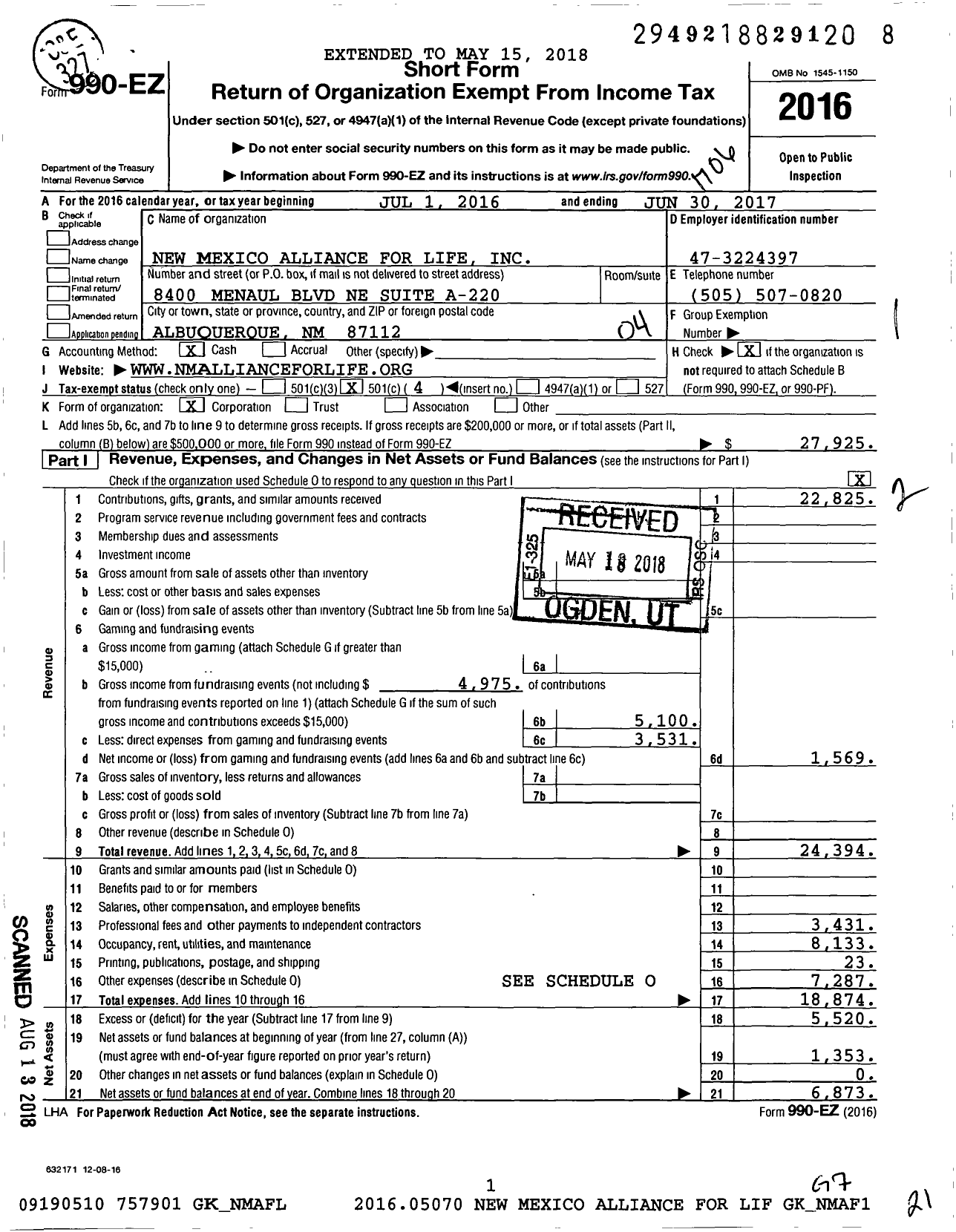 Image of first page of 2016 Form 990EO for New Mexico Alliance for Life