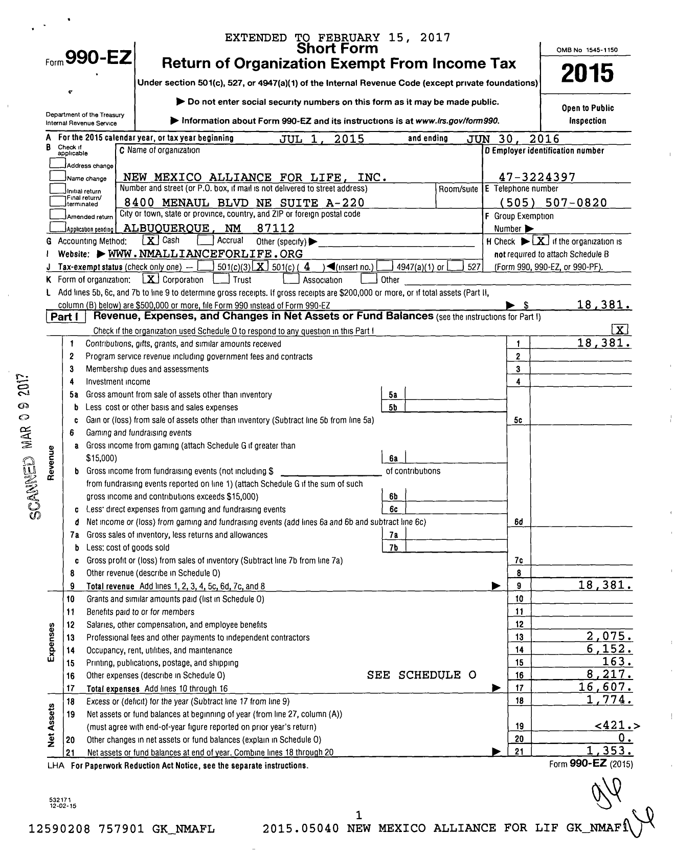 Image of first page of 2015 Form 990EO for New Mexico Alliance for Life