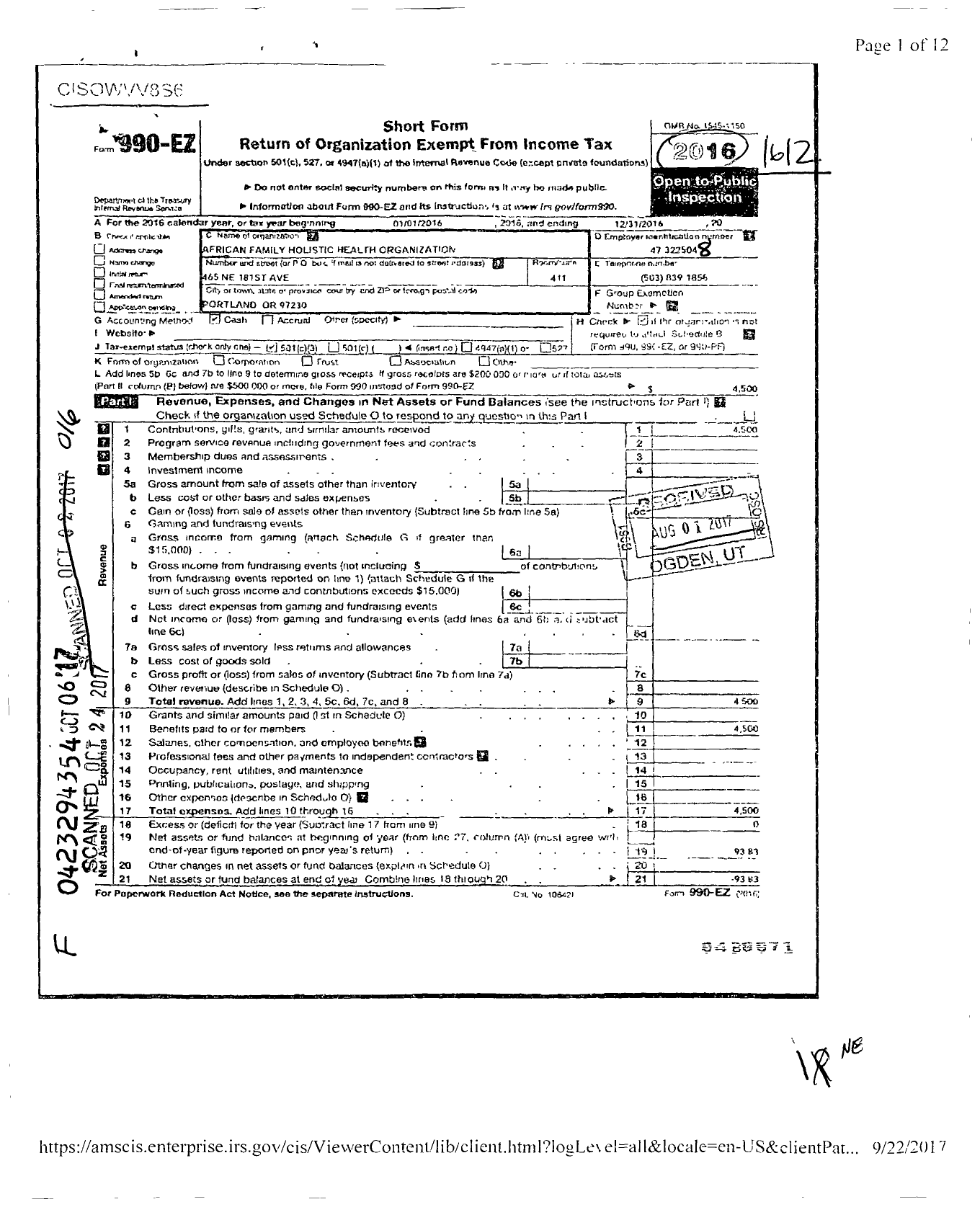 Image of first page of 2016 Form 990EZ for African Family Holistic Health Organization