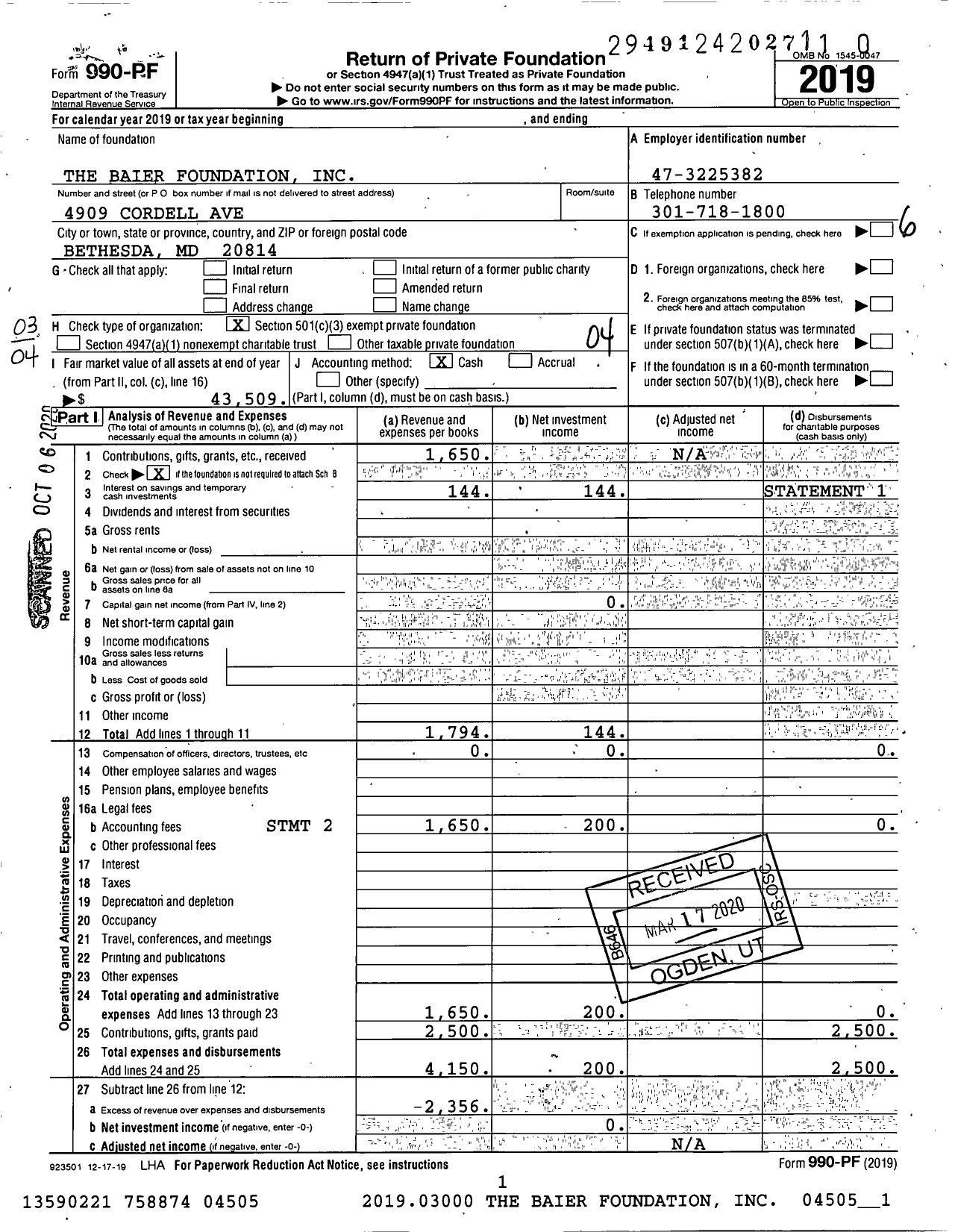 Image of first page of 2019 Form 990PR for The Baier Foundation