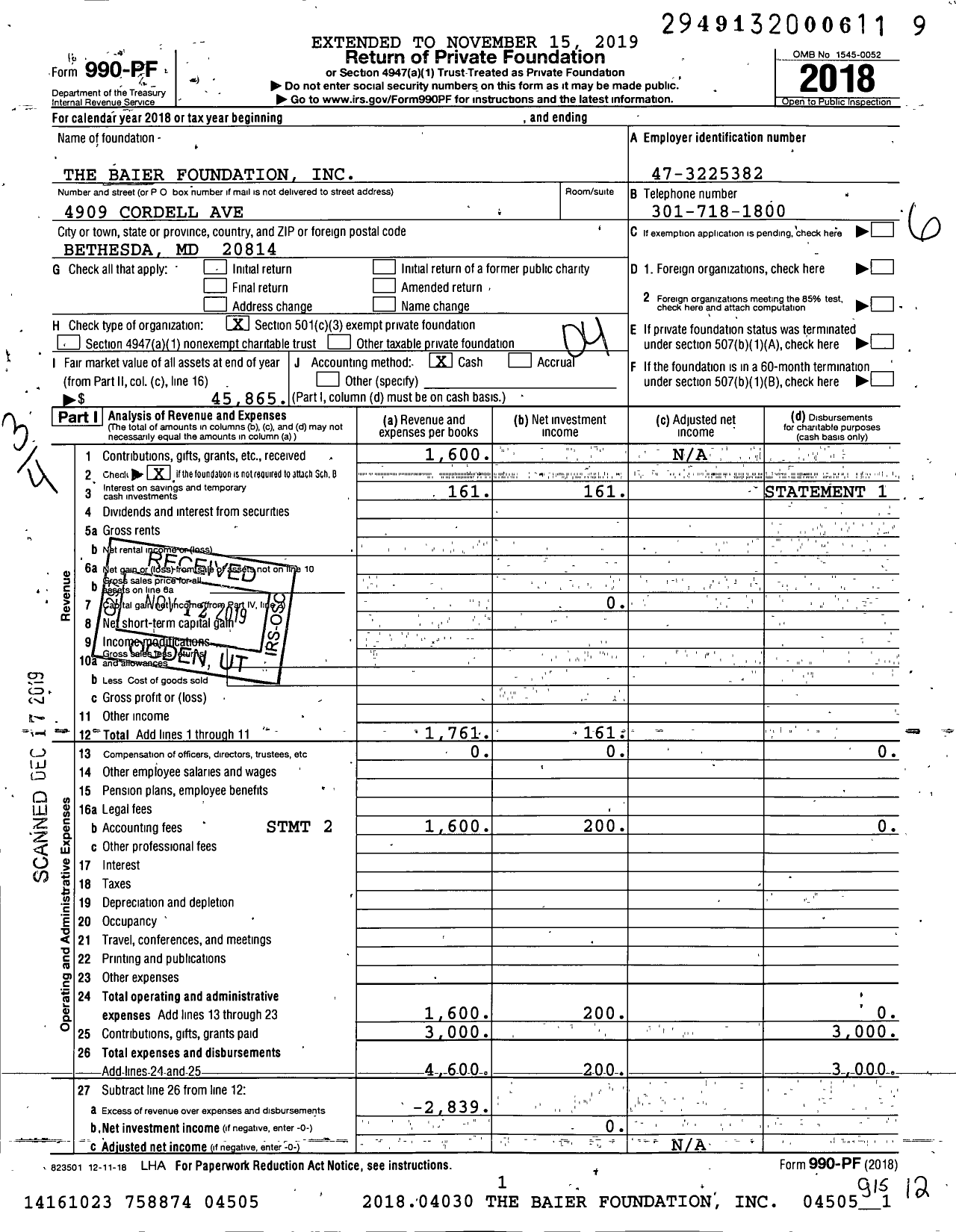 Image of first page of 2018 Form 990PF for The Baier Foundation