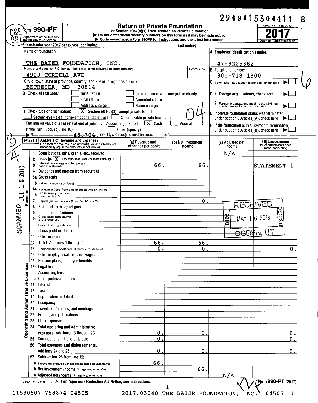 Image of first page of 2017 Form 990PF for The Baier Foundation