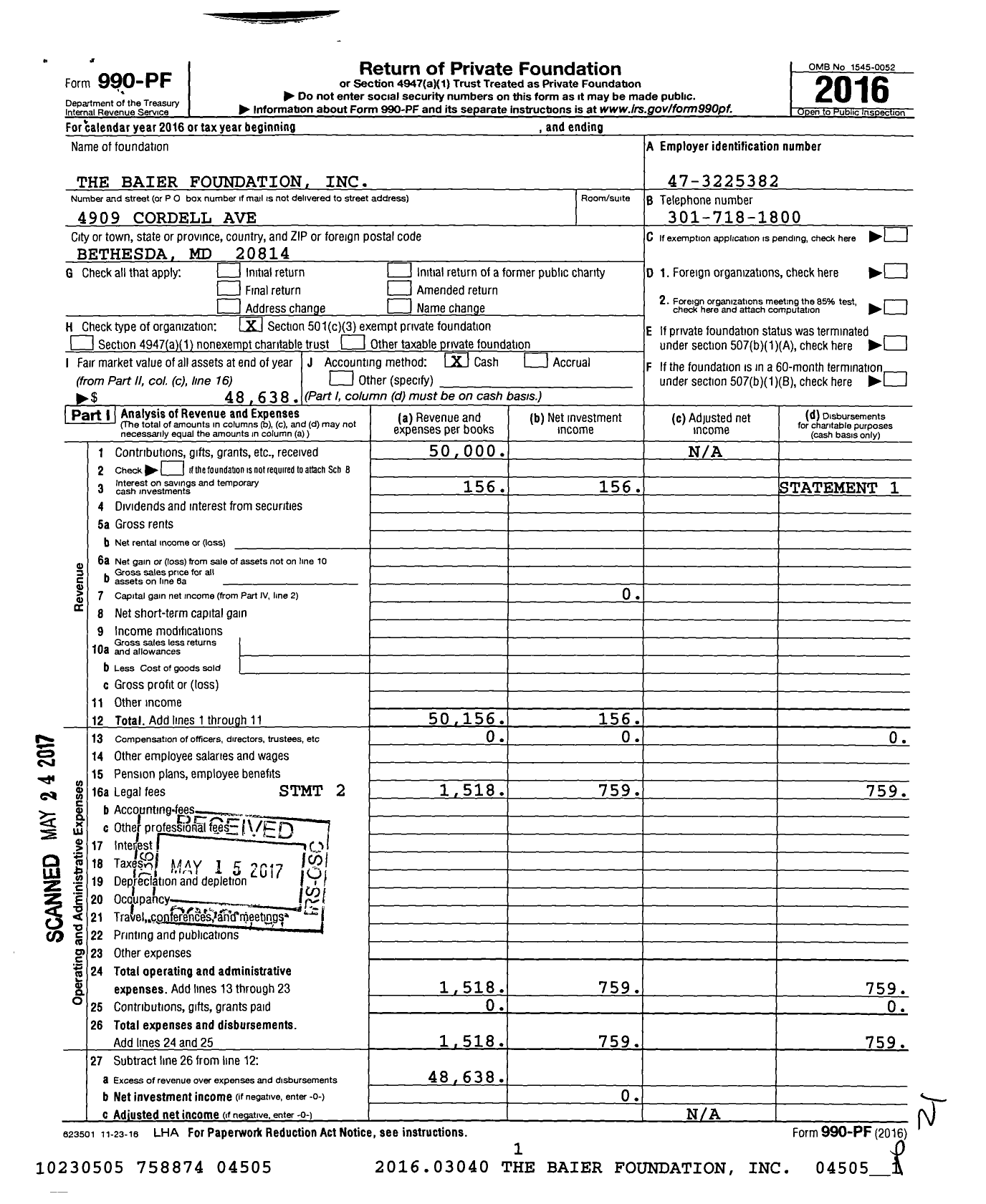 Image of first page of 2016 Form 990PF for The Baier Foundation