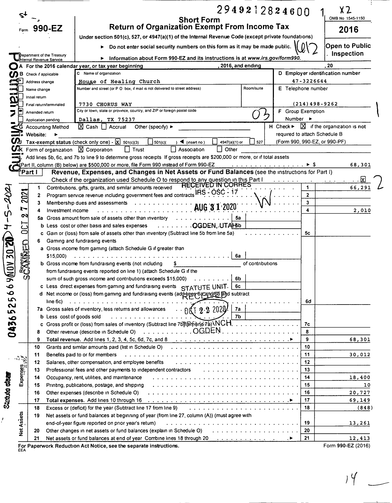 Image of first page of 2016 Form 990EZ for House of Healing Church