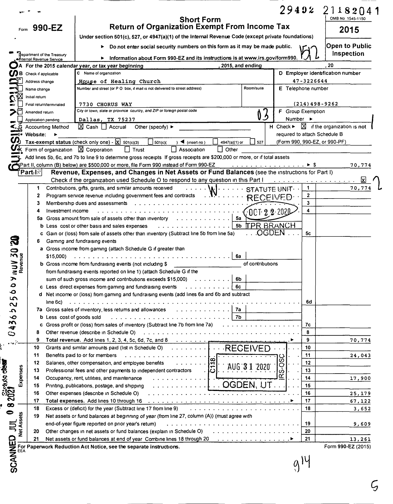 Image of first page of 2015 Form 990EZ for House of Healing Church