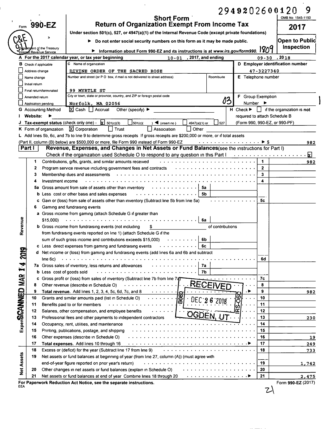 Image of first page of 2017 Form 990EZ for Divine Order of the Sacred Rose