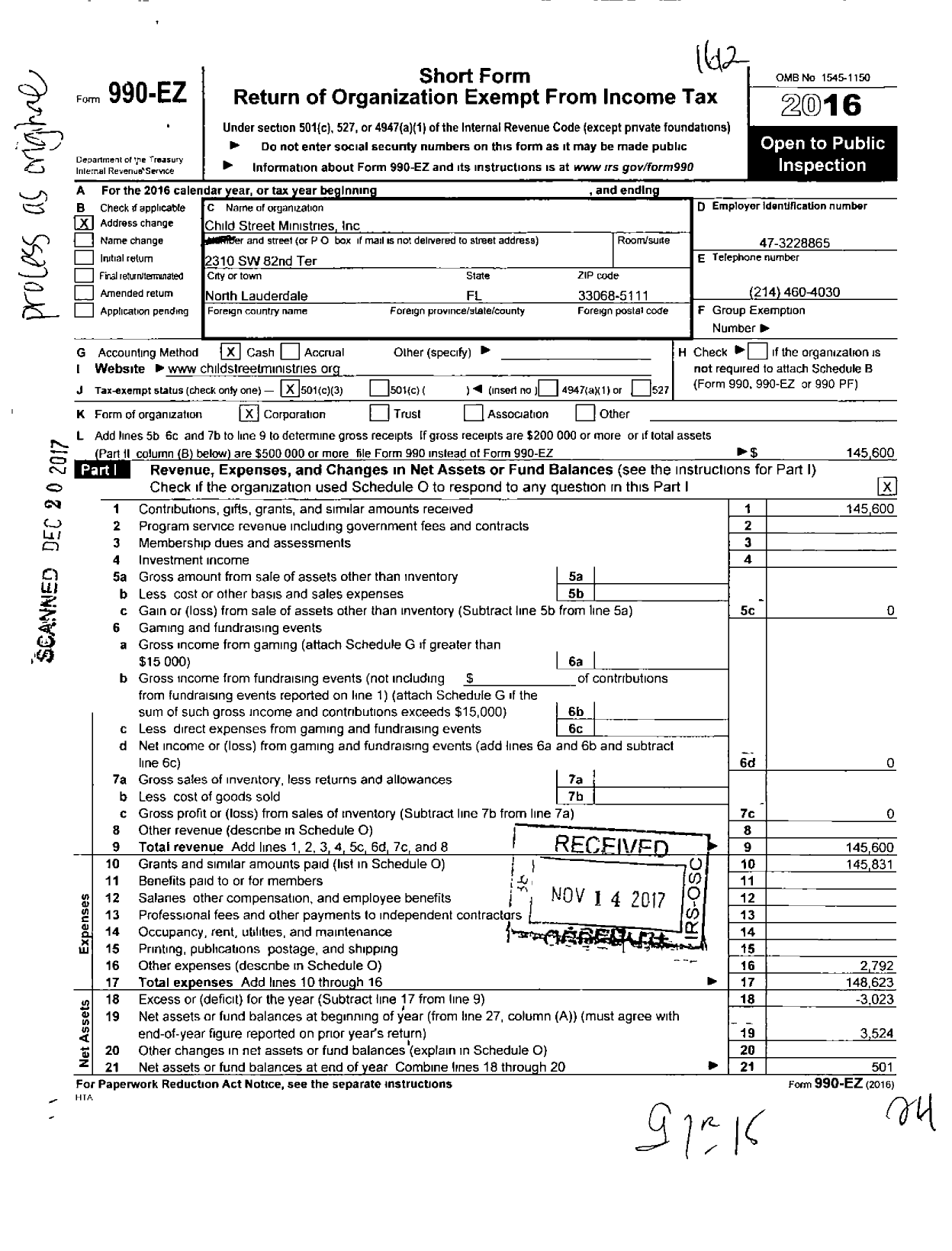 Image of first page of 2016 Form 990EZ for Child Street Ministries