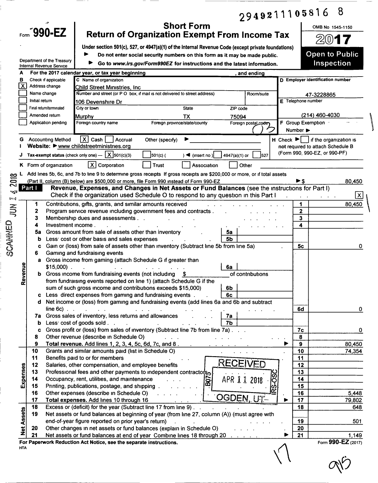 Image of first page of 2017 Form 990EZ for Child Street Ministries