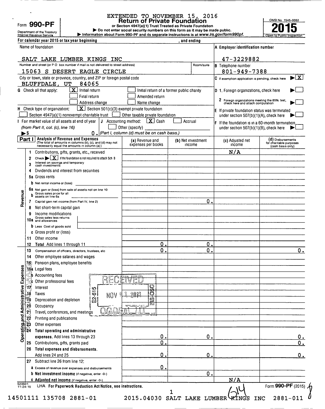 Image of first page of 2015 Form 990PF for Salt Lake Lumber Kings