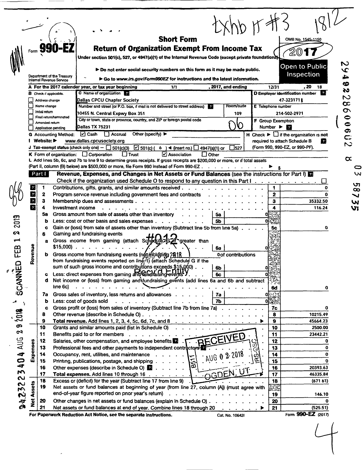 Image of first page of 2018 Form 990EO for Society of Chartered Property and Casualty Underwriters Dallas