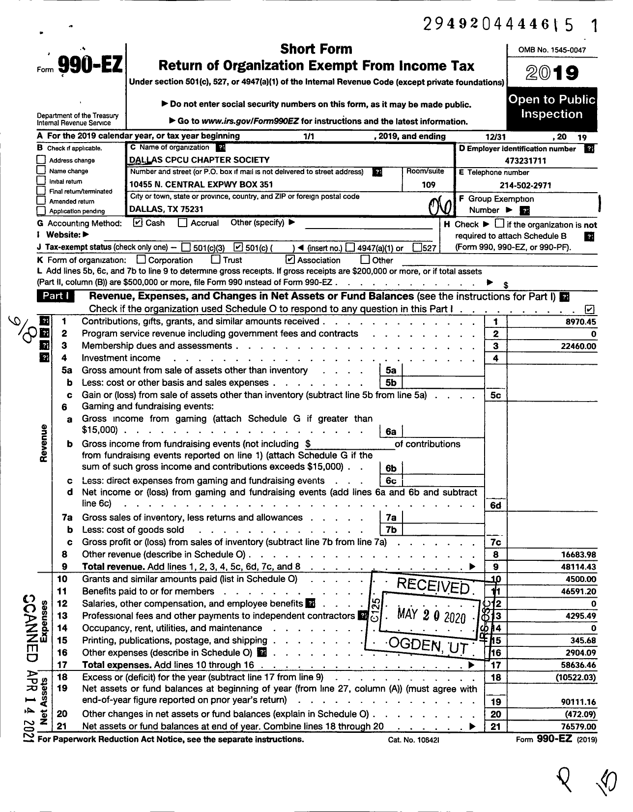 Image of first page of 2019 Form 990EO for Society of Chartered Property and Casualty Underwriters Dallas