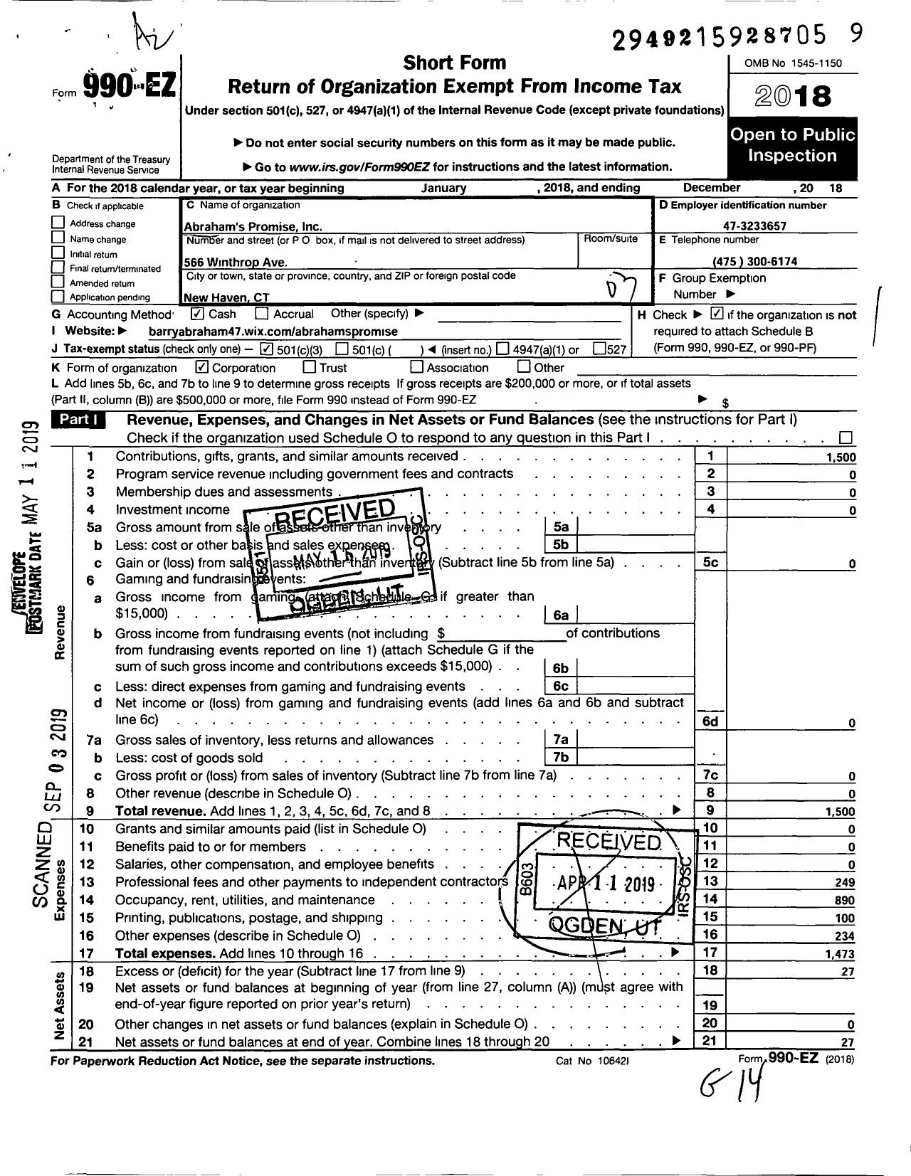 Image of first page of 2018 Form 990EZ for Abrahams Promise