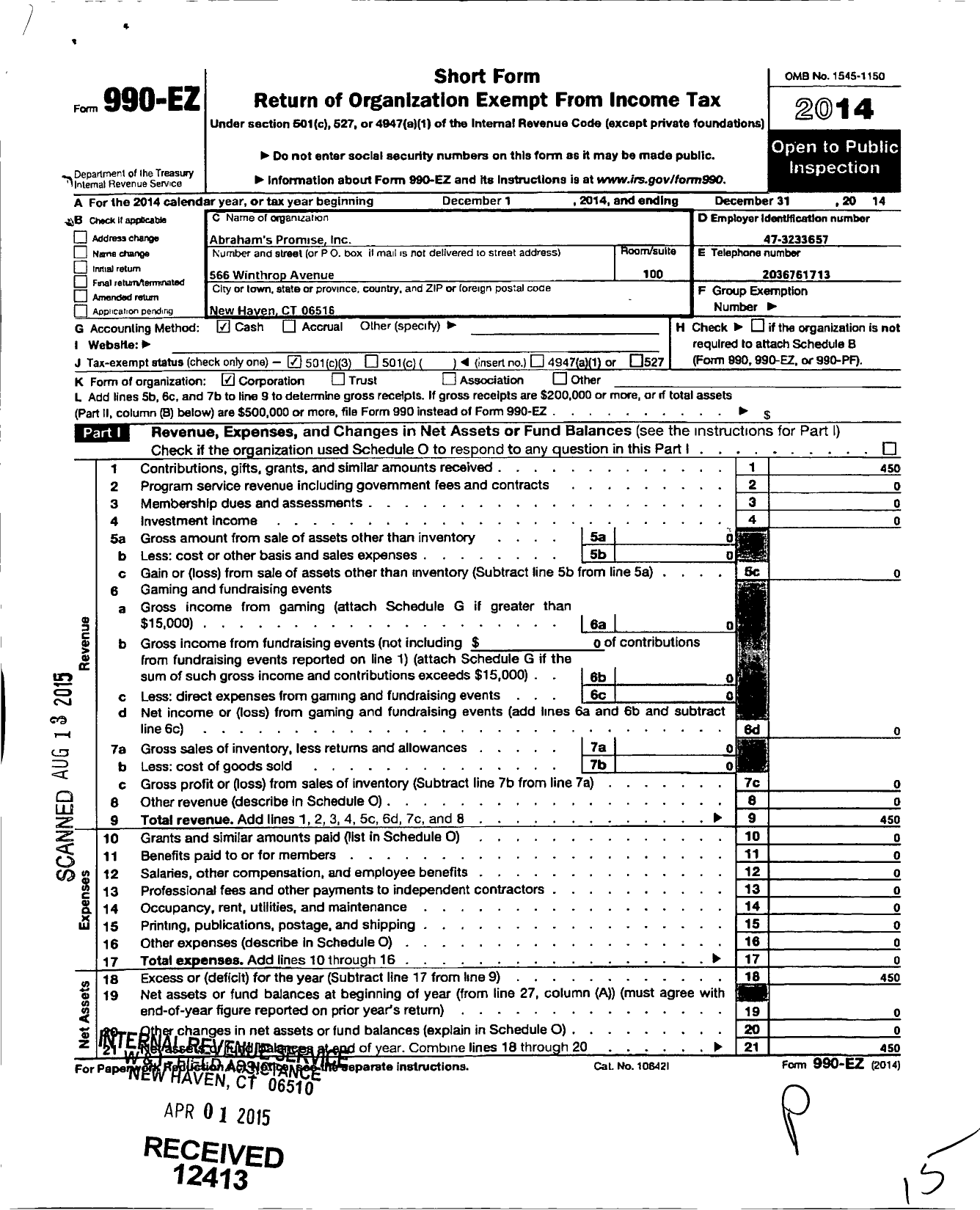 Image of first page of 2014 Form 990EZ for Abrahams Promise