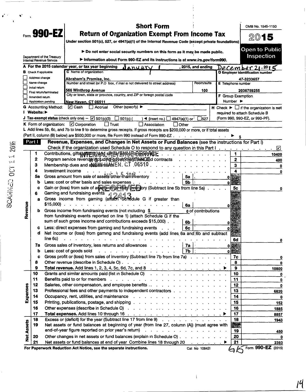 Image of first page of 2015 Form 990EZ for Abrahams Promise