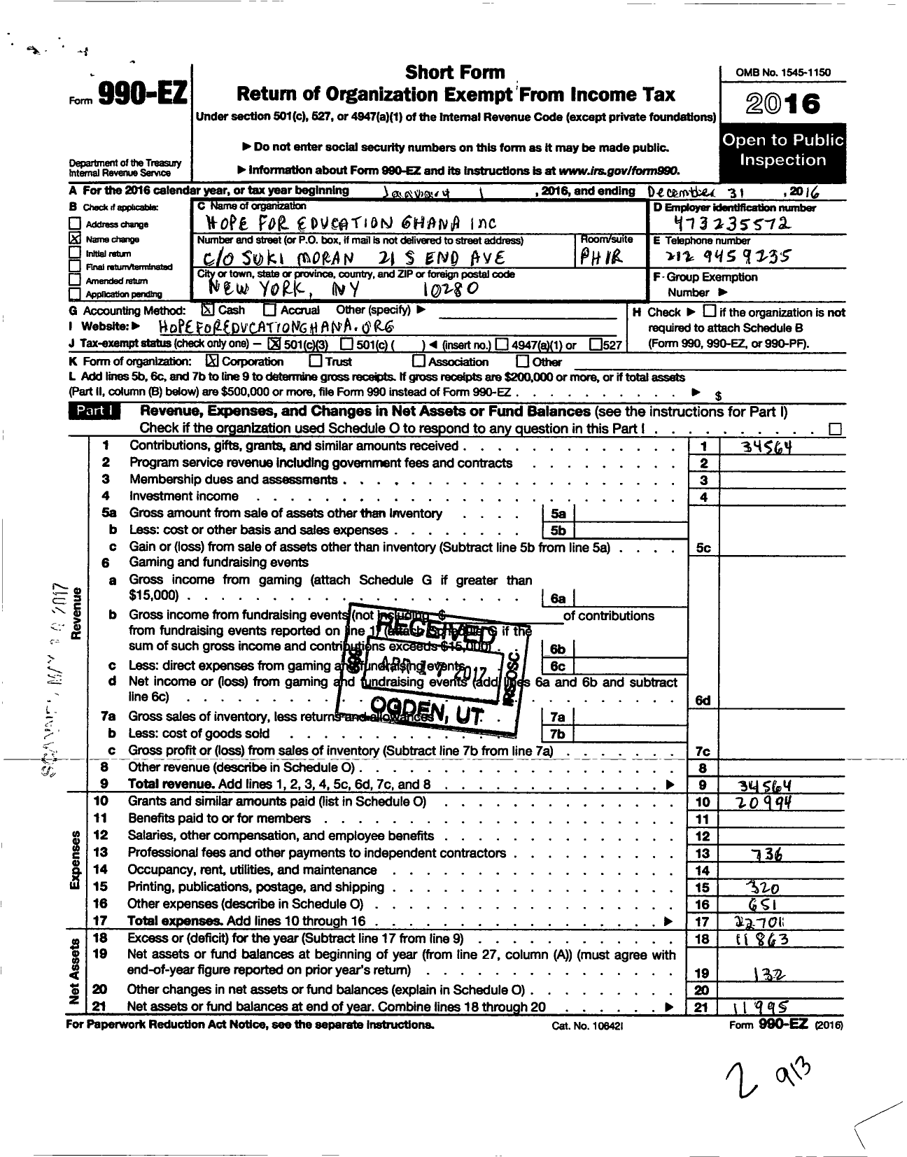 Image of first page of 2016 Form 990EZ for Hope for Education Ghana