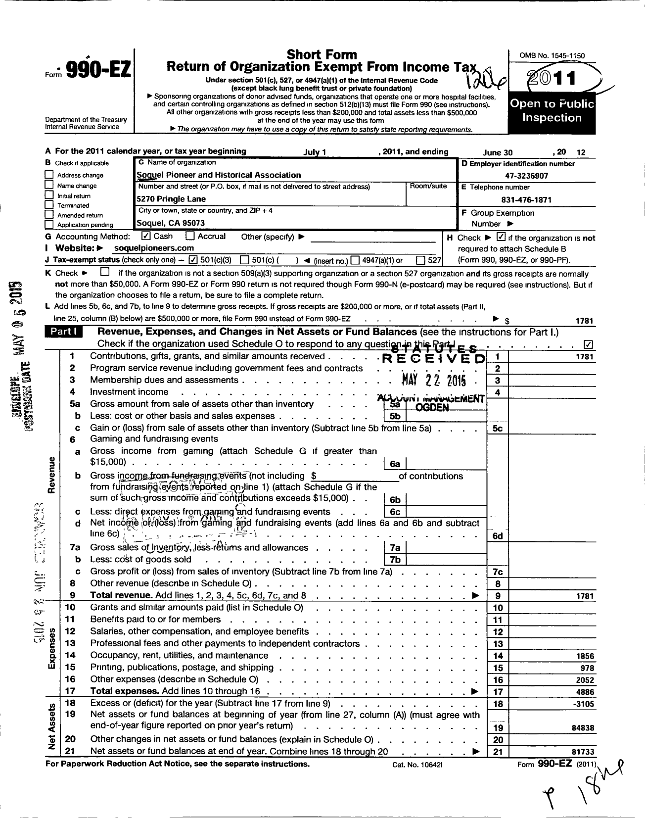 Image of first page of 2011 Form 990EZ for Soquel Pioneers and Historical Association