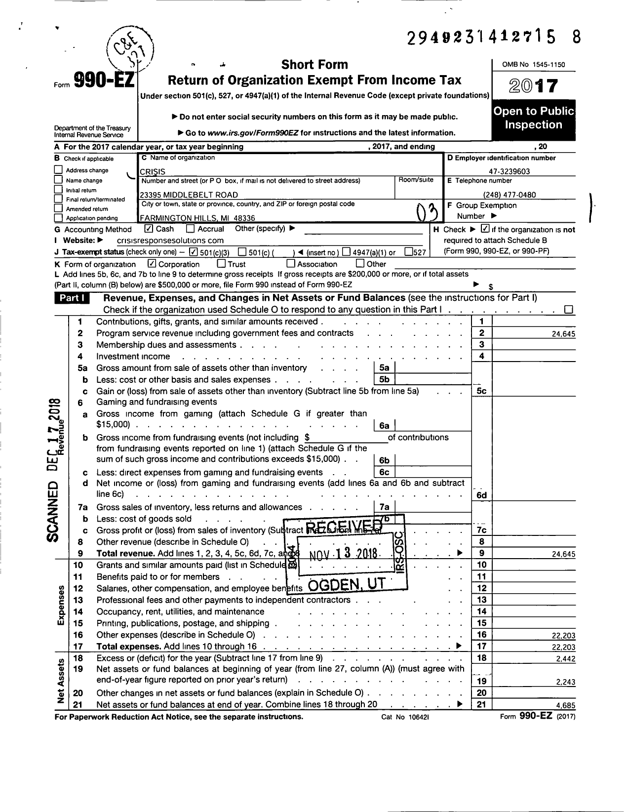 Image of first page of 2017 Form 990EZ for Crisis