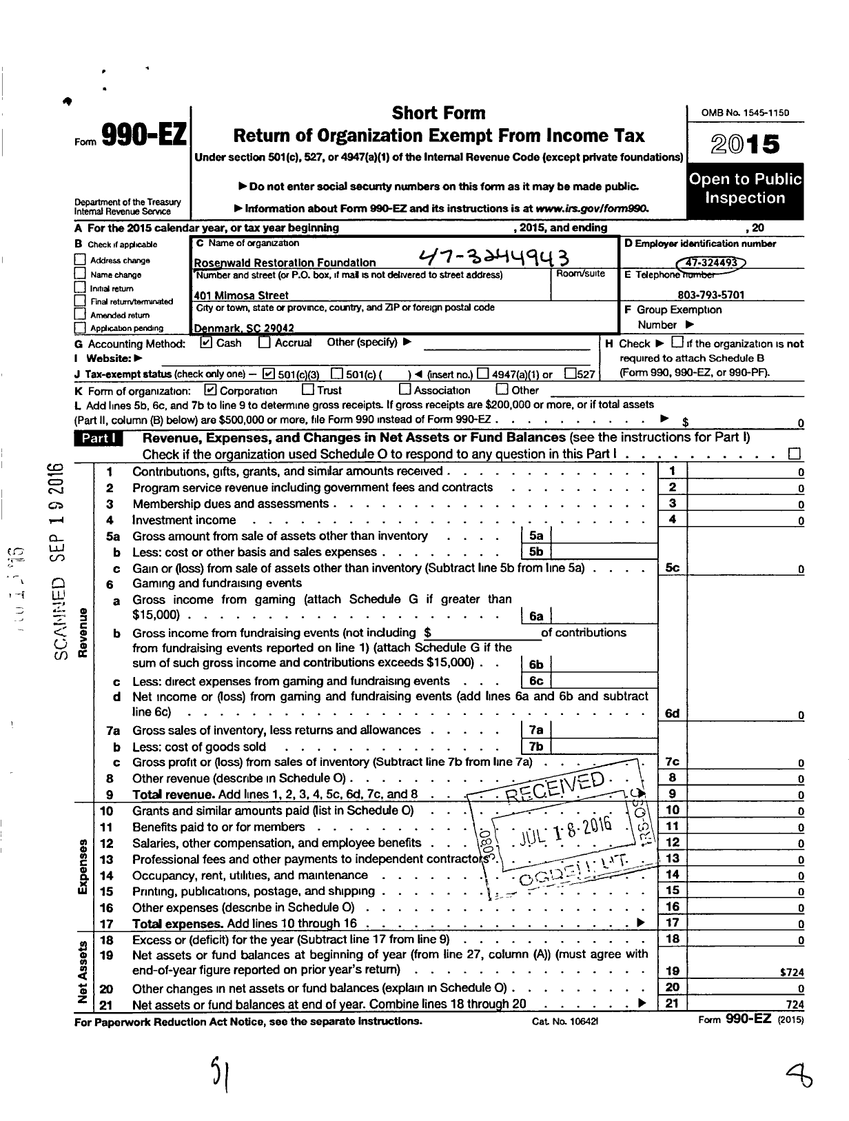 Image of first page of 2015 Form 990EZ for Rosenwald Restoration Foundation