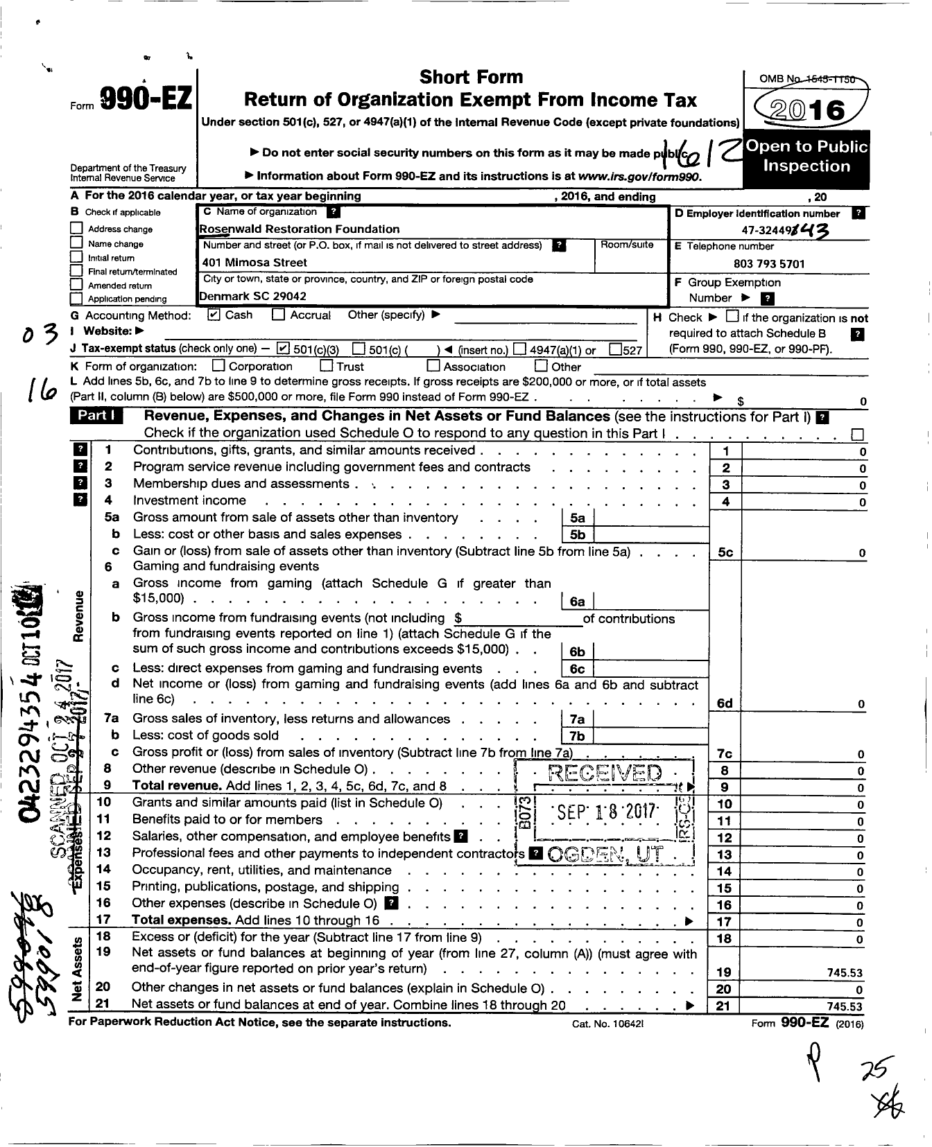 Image of first page of 2016 Form 990EZ for Rosenwald Restoration Foundation