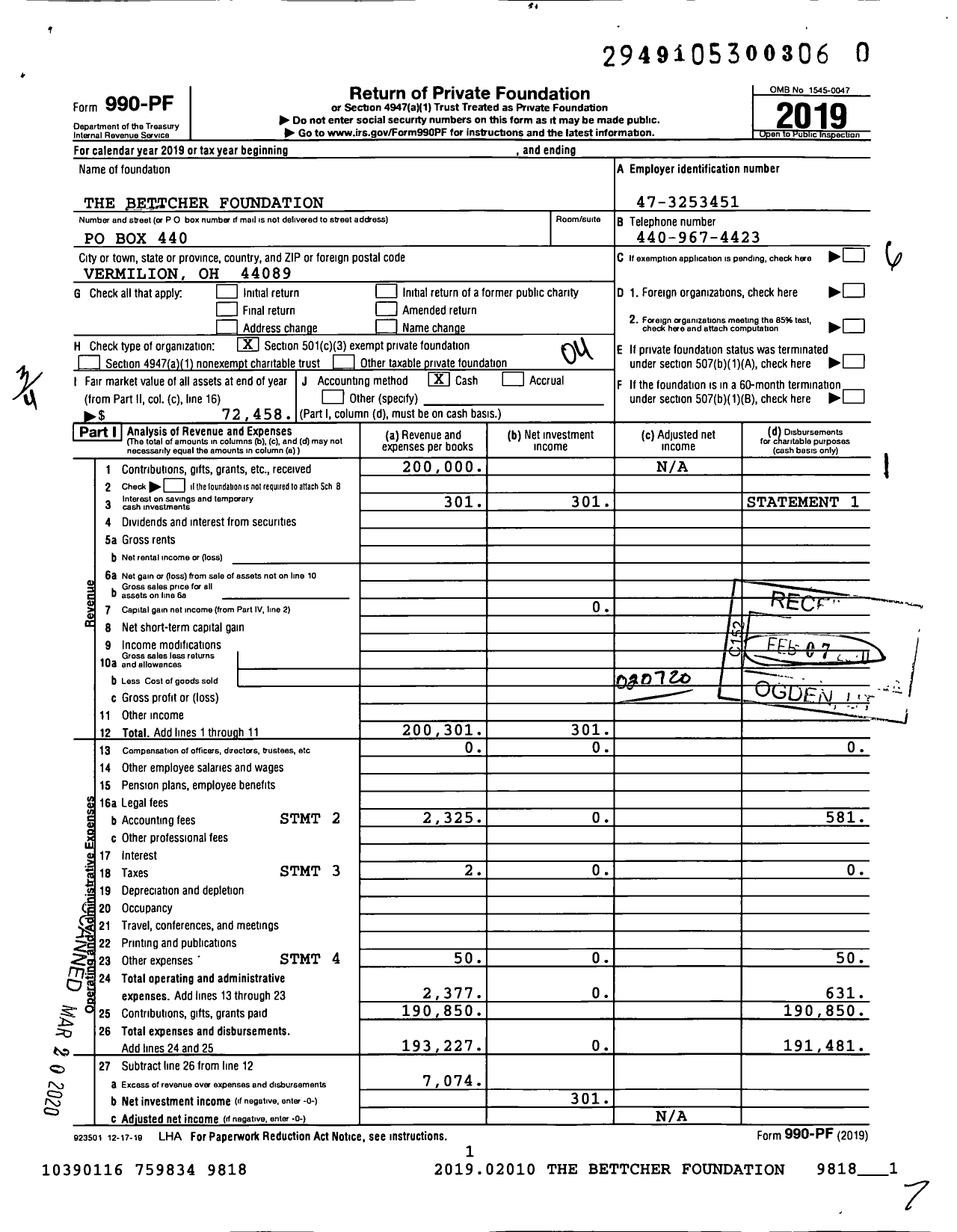 Image of first page of 2019 Form 990PR for The Bettcher Foundation