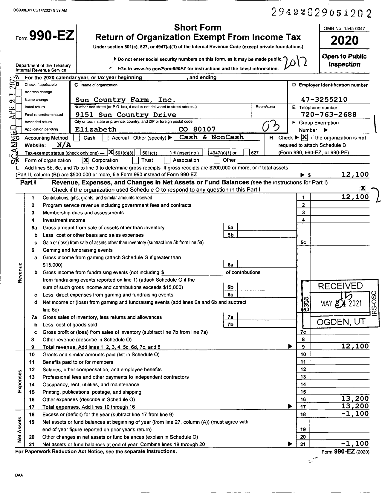 Image of first page of 2020 Form 990EZ for Sun Country Farm