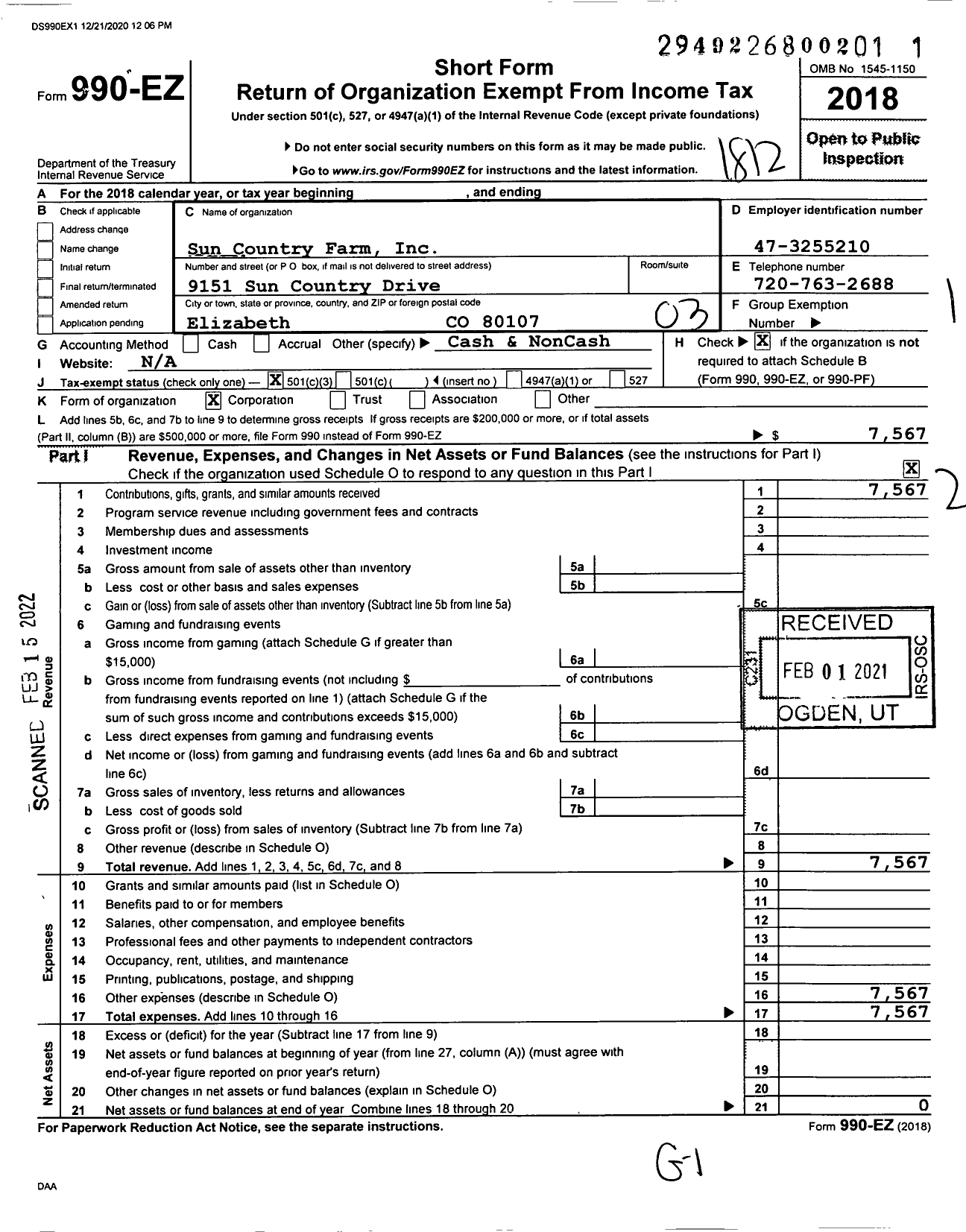 Image of first page of 2018 Form 990EZ for Sun Country Farm