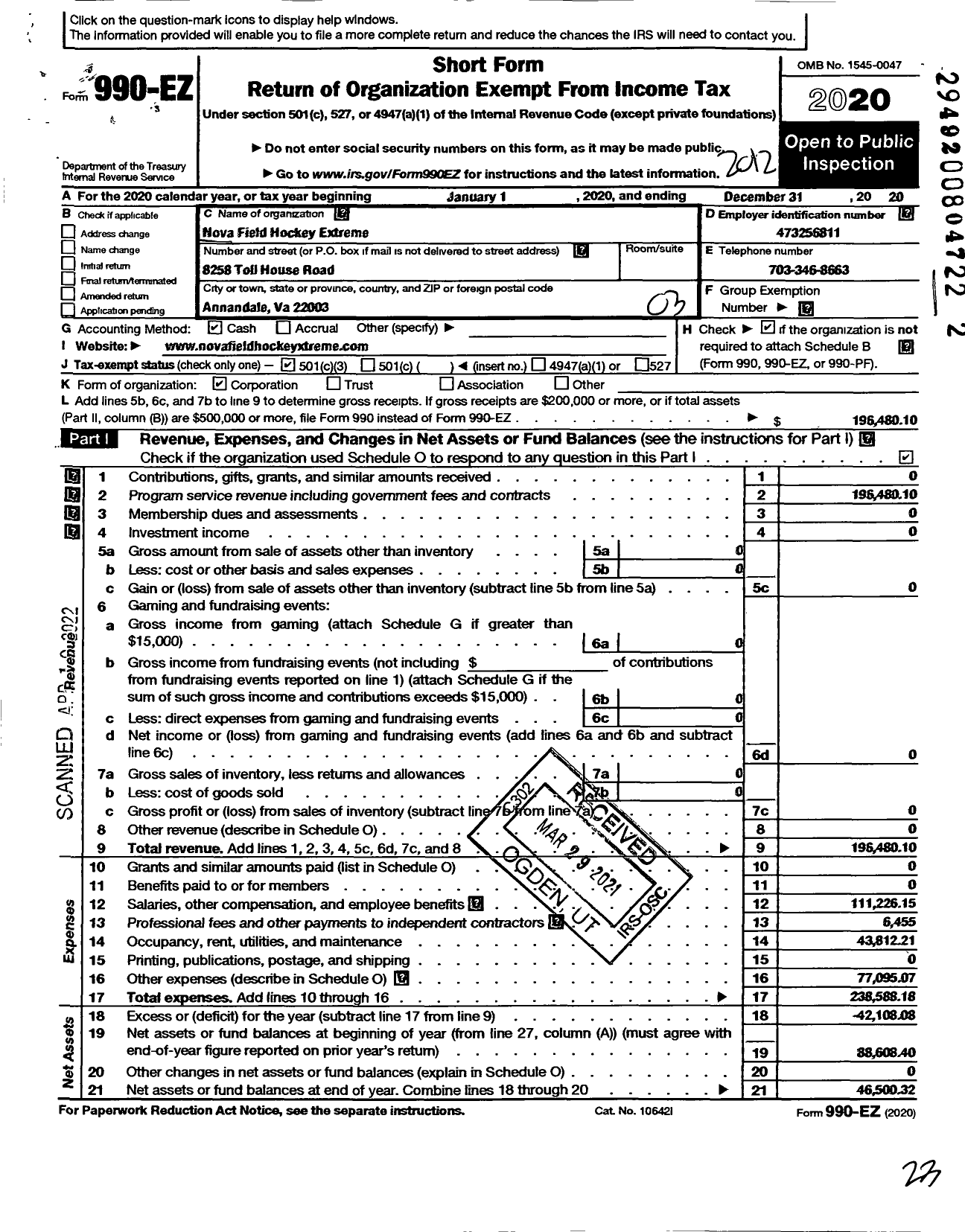 Image of first page of 2020 Form 990EZ for Nova Field Hockey Xtreme LLC