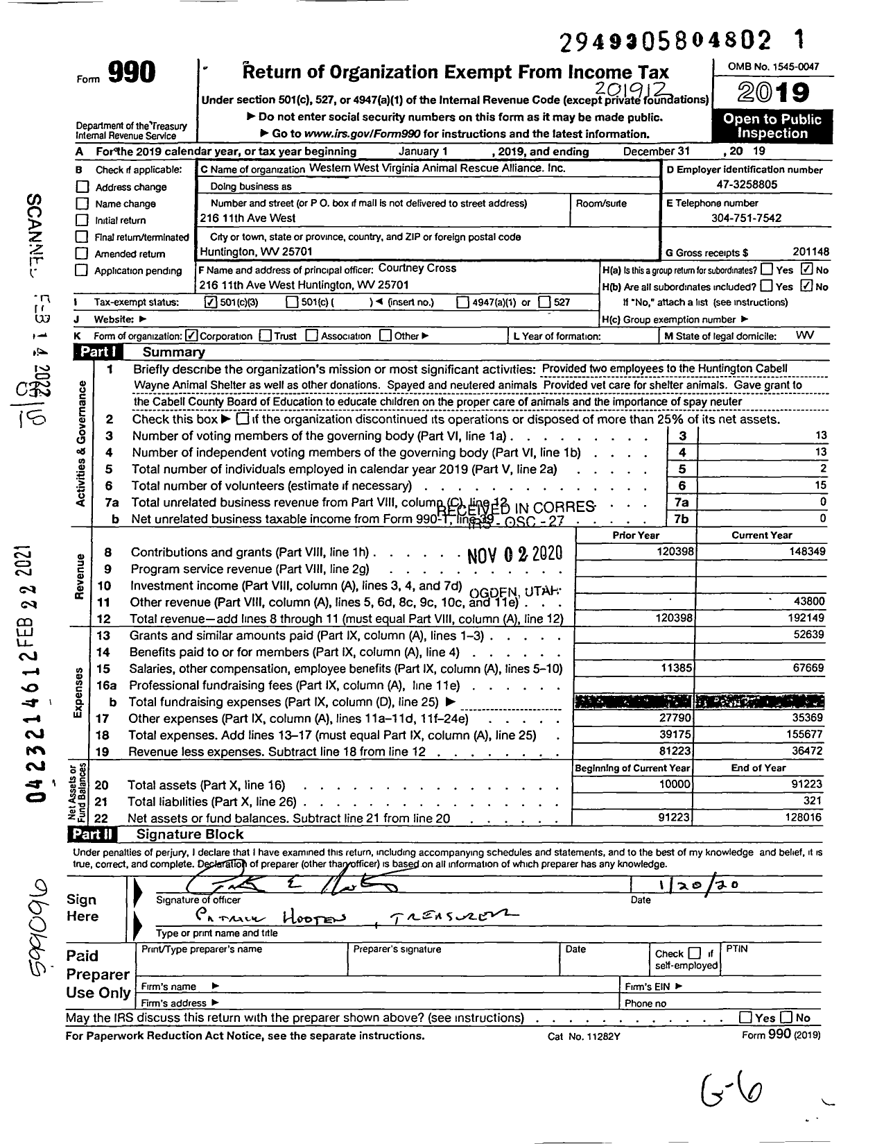 Image of first page of 2019 Form 990 for Western West Virginia Animal Rescue Alliance