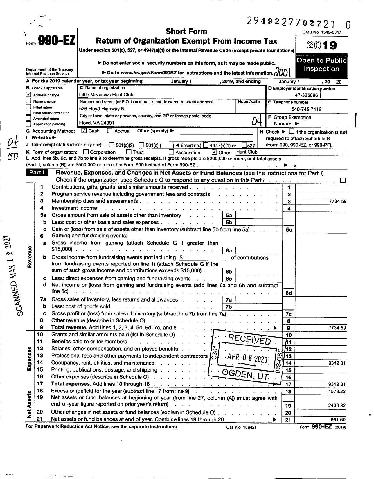 Image of first page of 2019 Form 990EO for Little Meadows Hunt Club