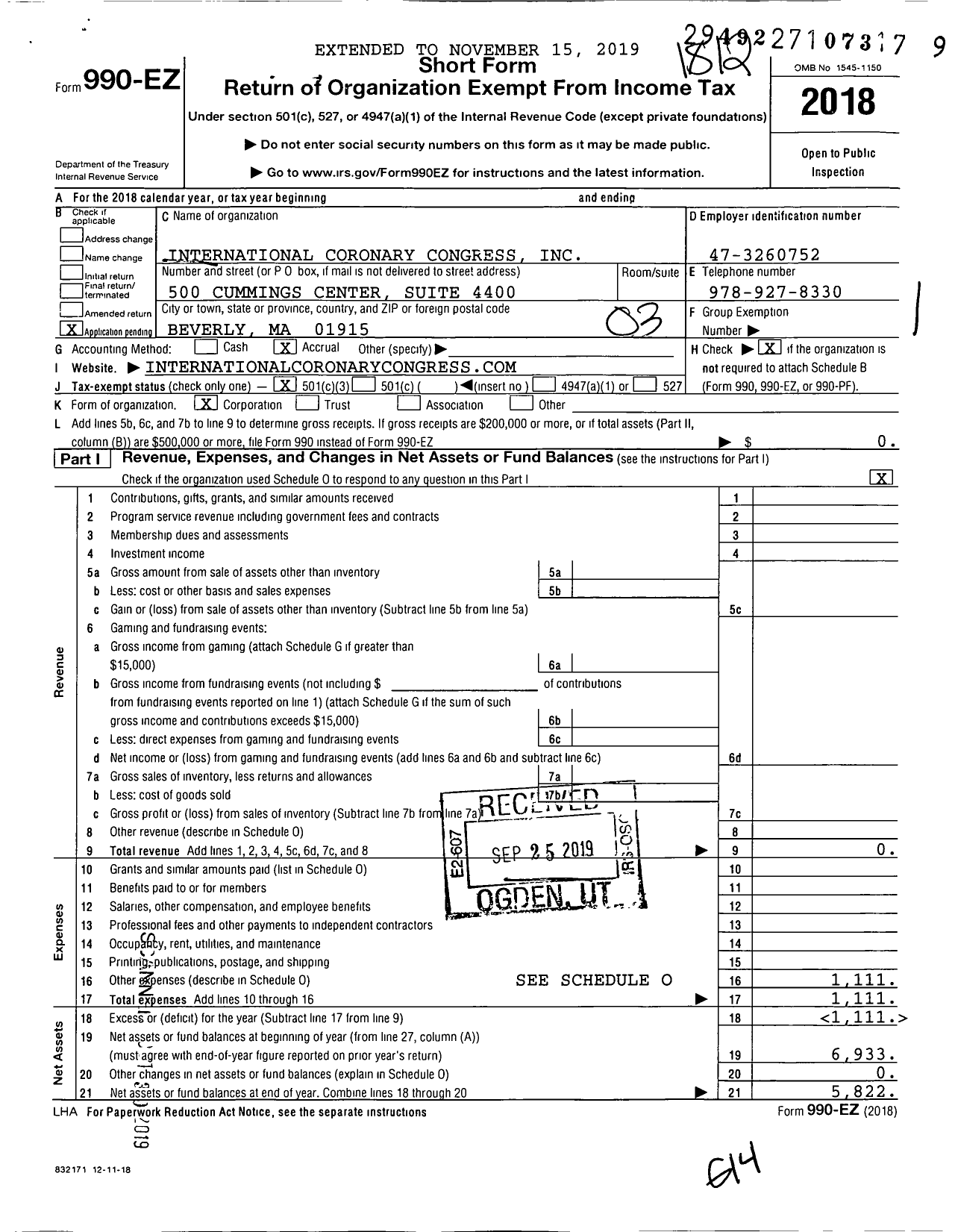 Image of first page of 2018 Form 990EZ for International Coronary Congress