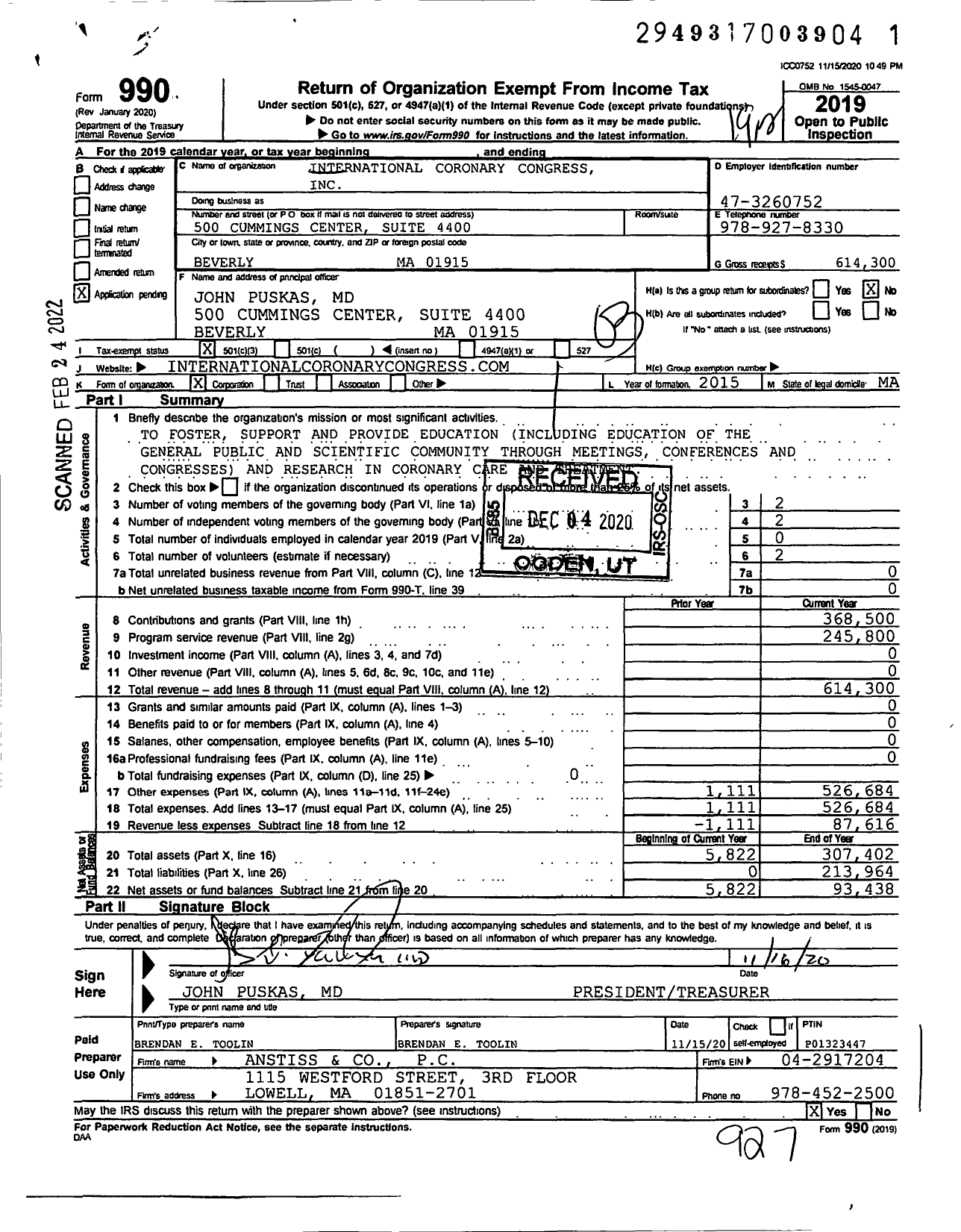 Image of first page of 2019 Form 990 for International Coronary Congress