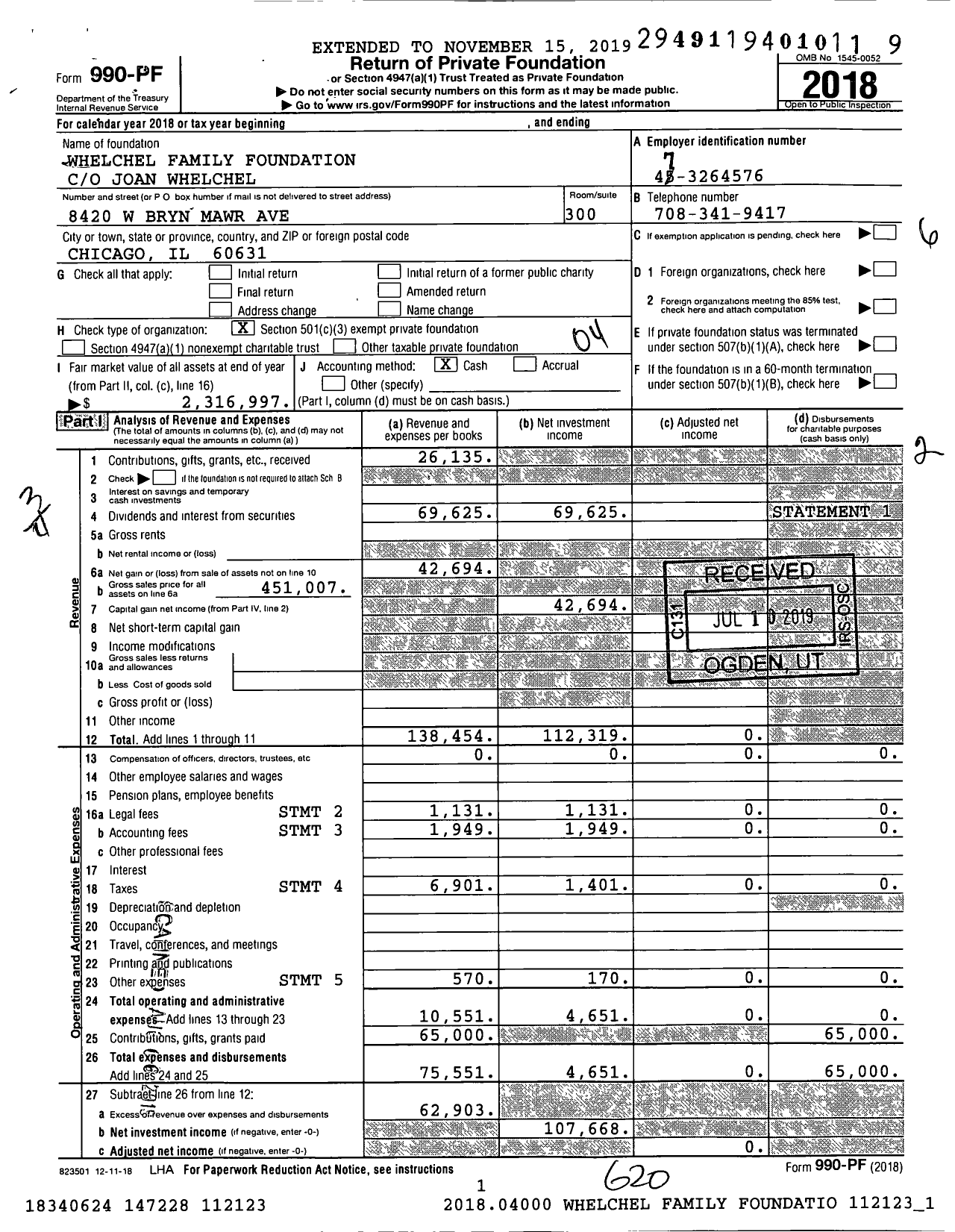 Image of first page of 2018 Form 990PF for Whelchel Family Foundation