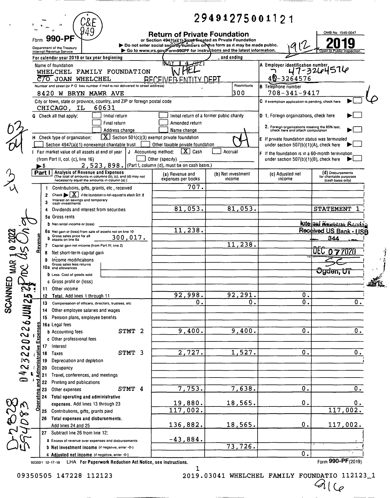 Image of first page of 2019 Form 990PF for Whelchel Family Foundation