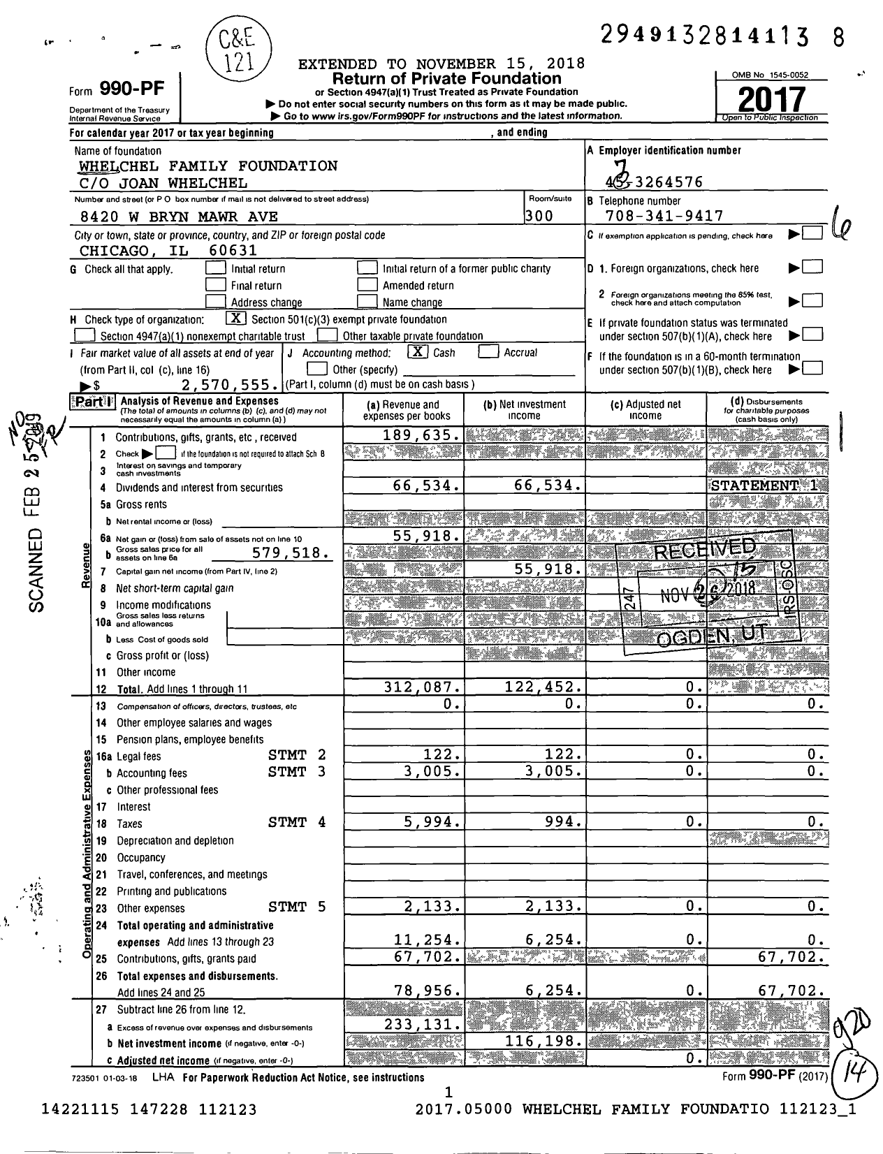 Image of first page of 2017 Form 990PF for Whelchel Family Foundation