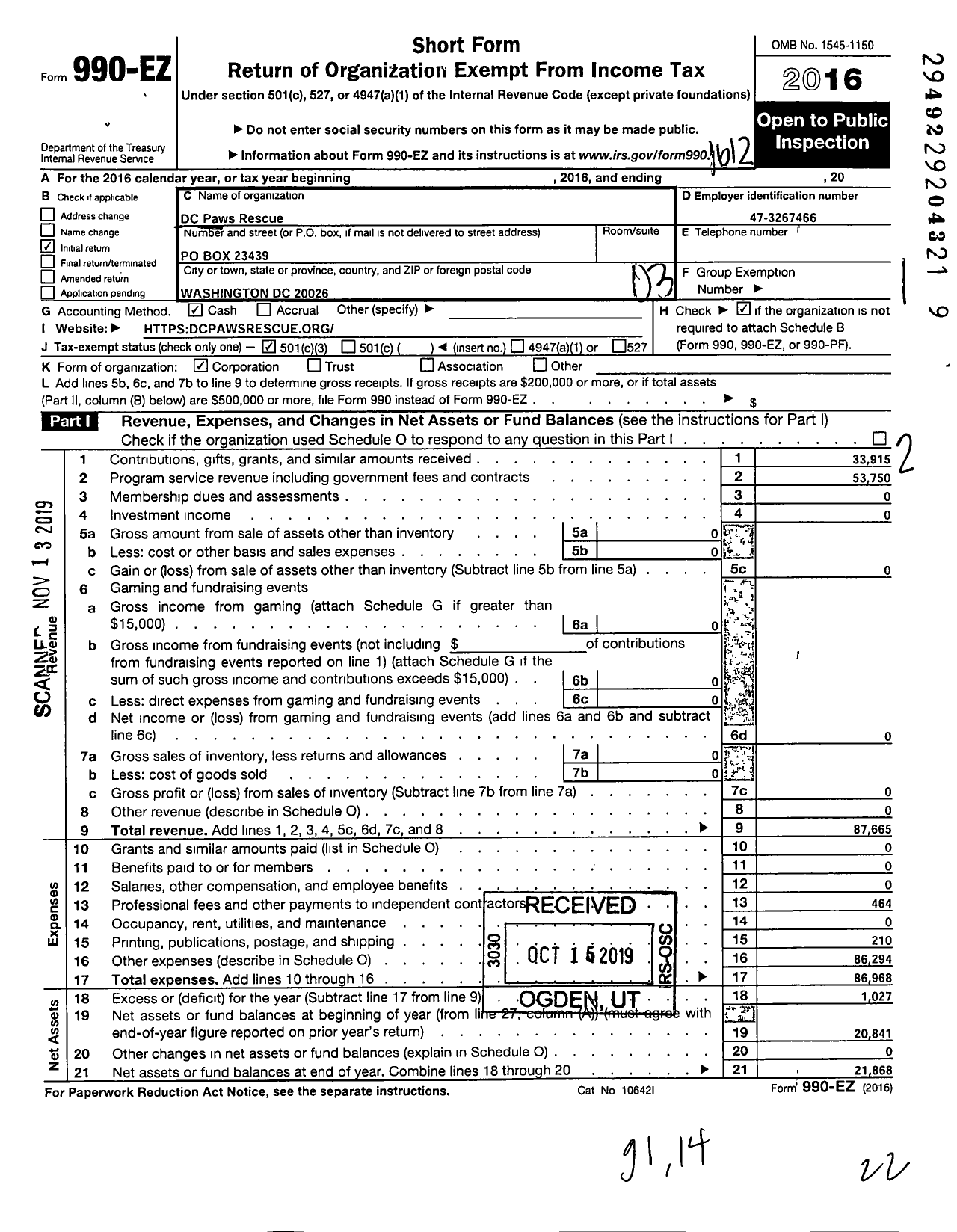 Image of first page of 2016 Form 990EZ for DC Paws Rescue