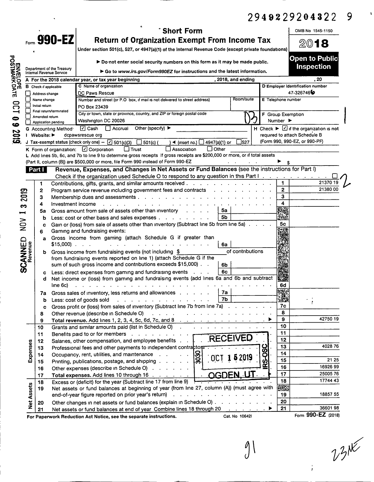 Image of first page of 2018 Form 990EZ for DC Paws Rescue