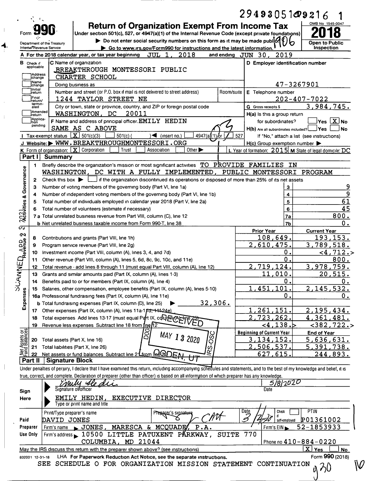 Image of first page of 2018 Form 990 for Breakthrough Montessori Public Charter School