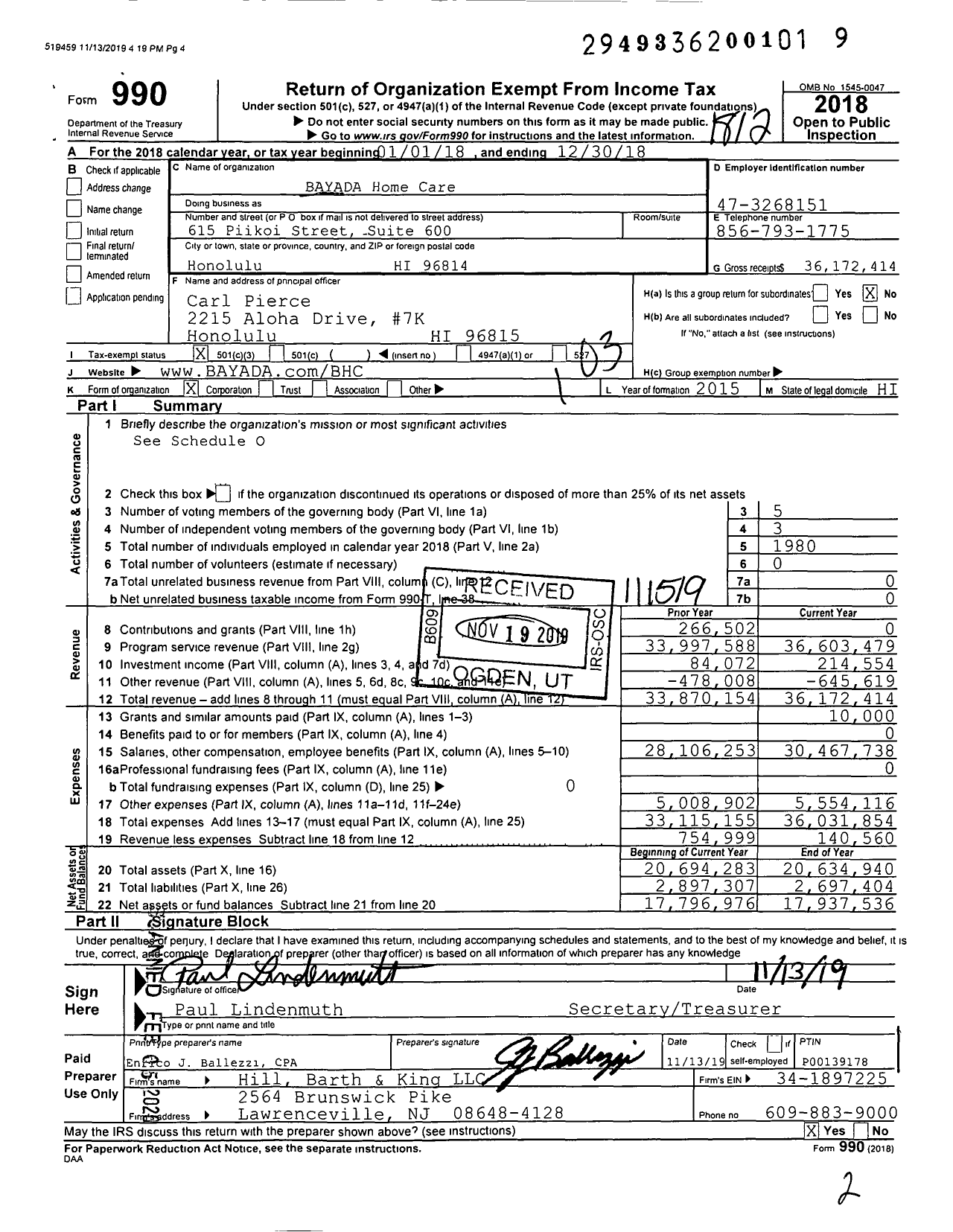 Image of first page of 2018 Form 990 for BAYADA Home Health Care