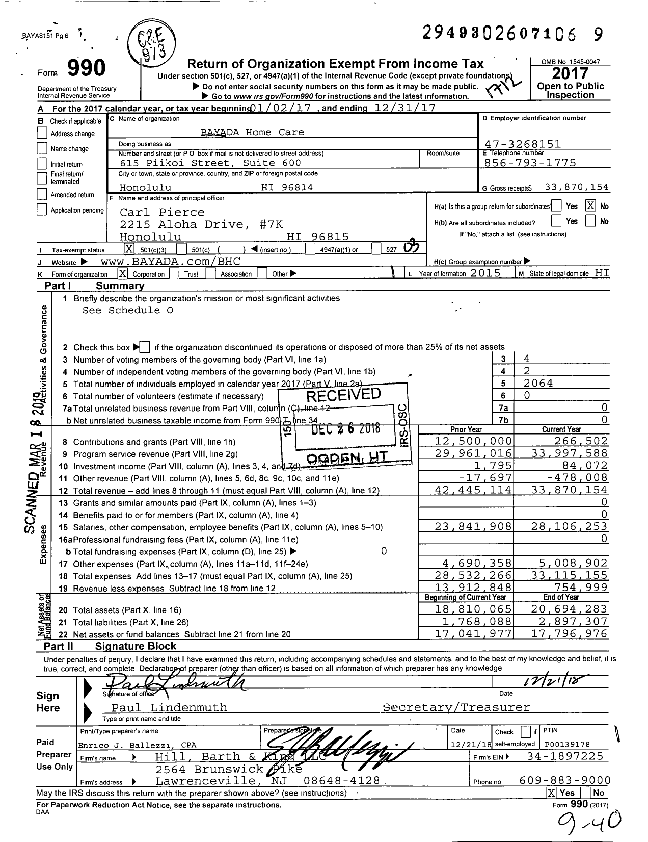 Image of first page of 2017 Form 990 for BAYADA Home Health Care
