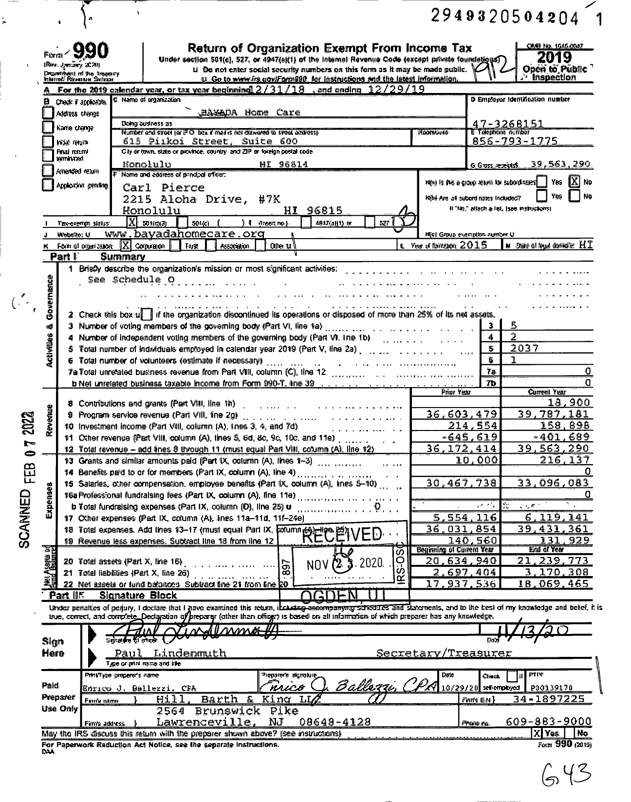 Image of first page of 2019 Form 990 for BAYADA Home Health Care
