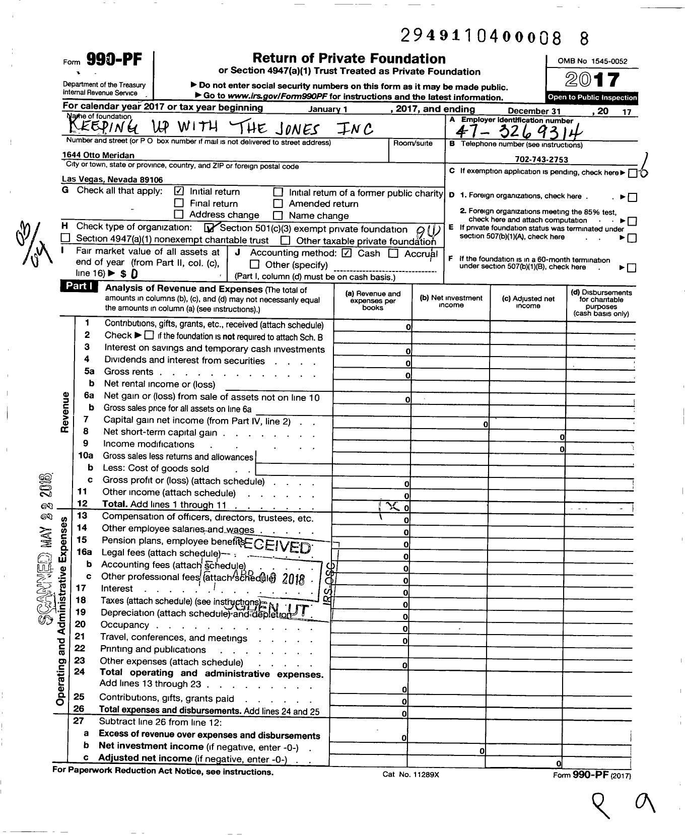 Image of first page of 2017 Form 990PF for Keeping Up with the Jones