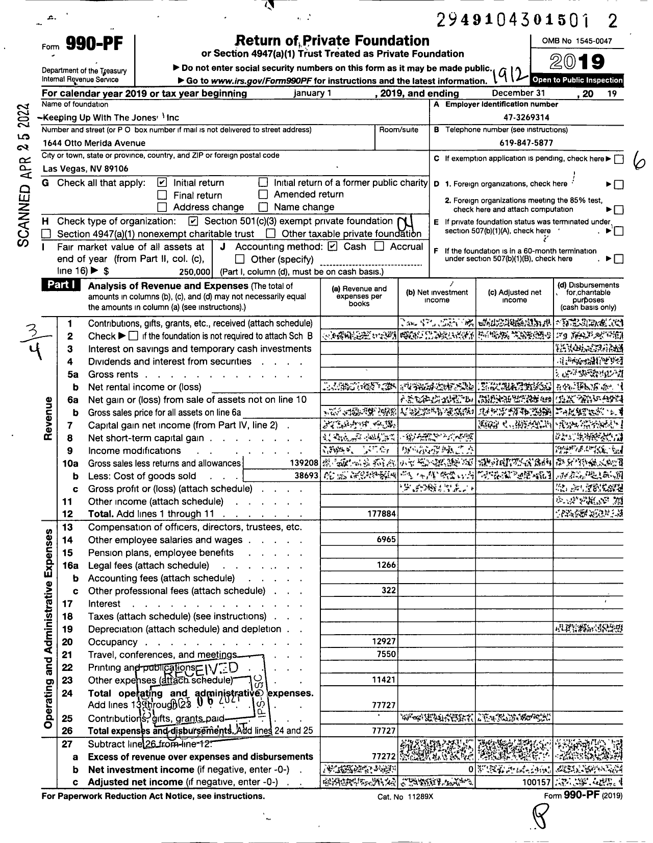 Image of first page of 2019 Form 990PF for Keeping Up with the Jones