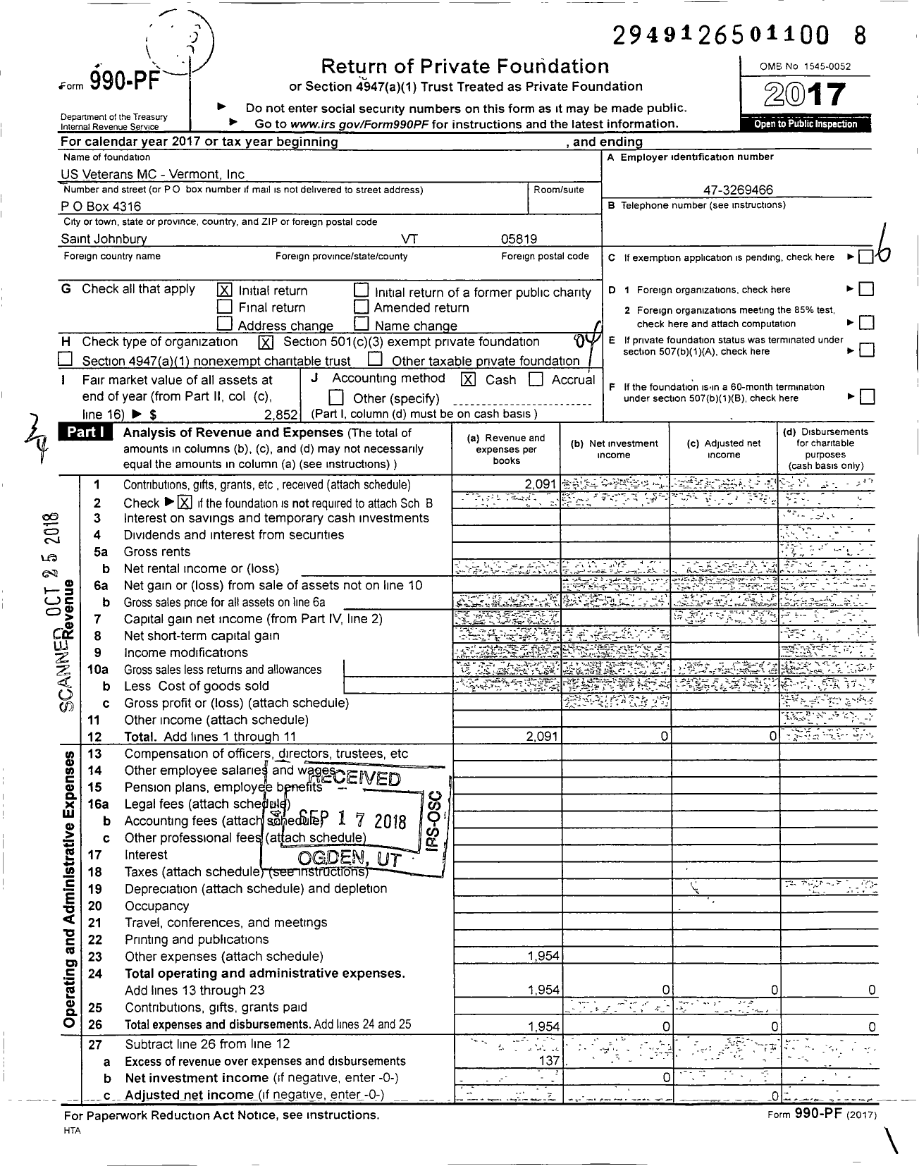 Image of first page of 2017 Form 990PF for US Veterans MC - Vermont