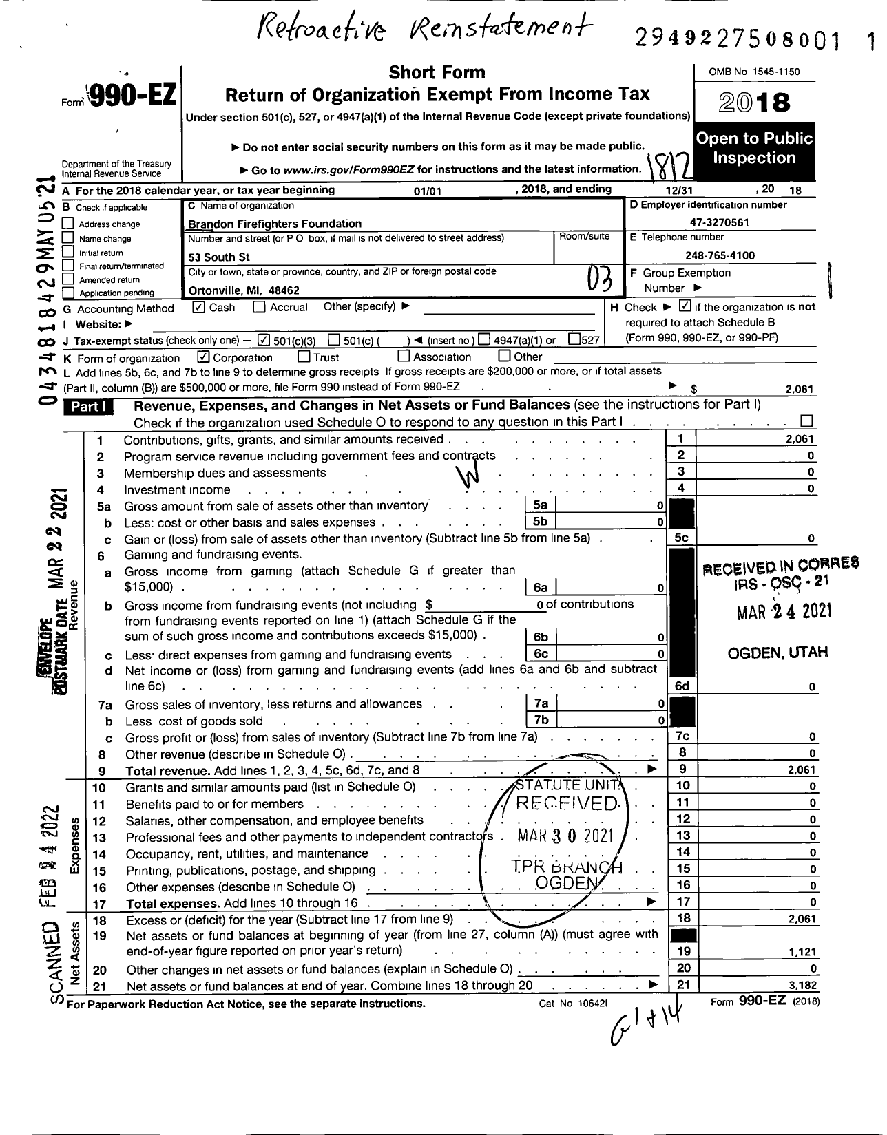 Image of first page of 2018 Form 990EZ for Brandon Firefighters Foundation