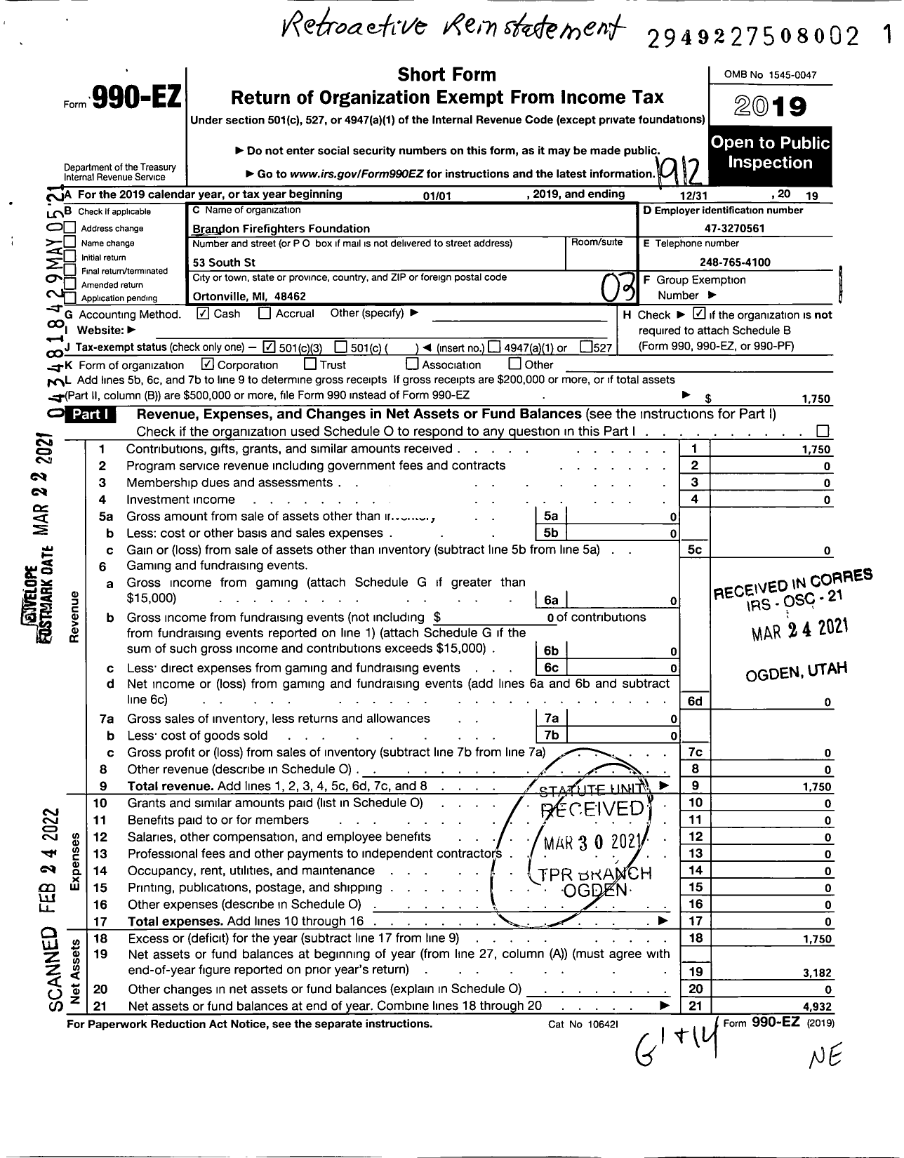 Image of first page of 2019 Form 990EZ for Brandon Firefighters Foundation