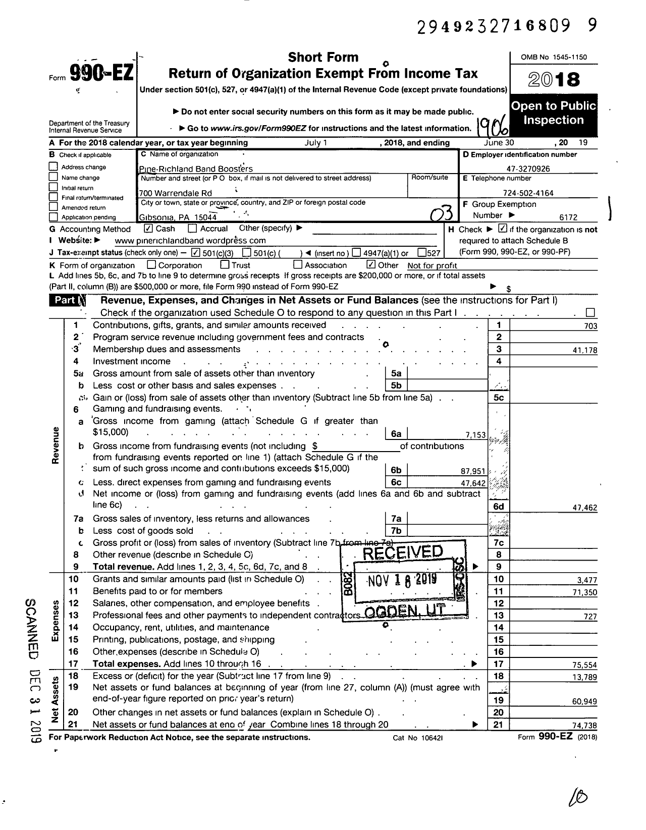 Image of first page of 2018 Form 990EZ for Pine-Richland Unified Boosters Organization