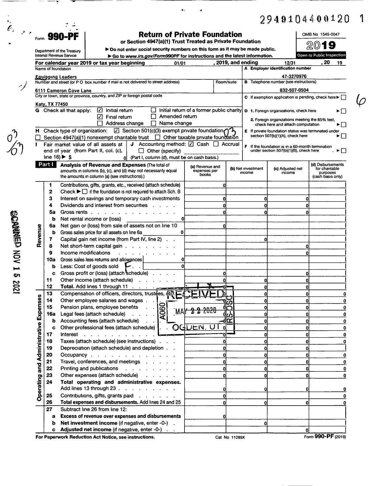Image of first page of 2019 Form 990PF for Equipping Leaders